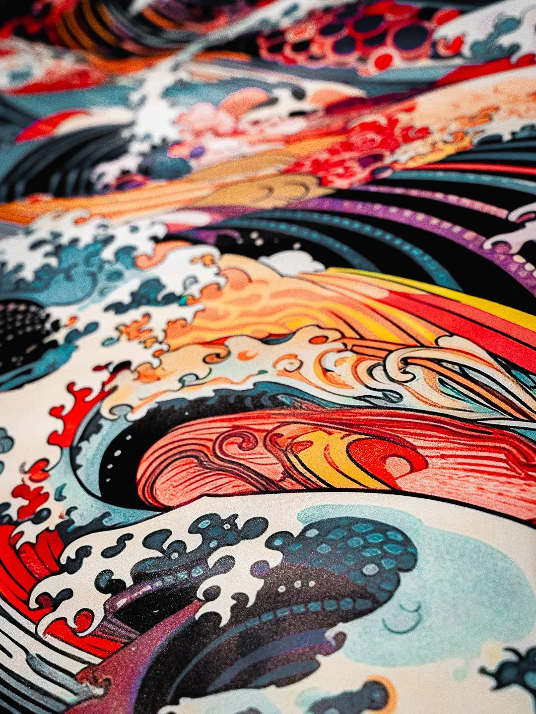 Vibrant, colorful Japanese-style wave mural representing the "soul" and artistic energy of the Kappo Tsan dining experience.