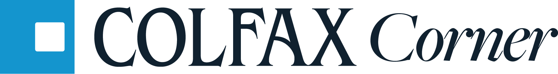 Colfax Corner logo with a blue square and serif text.