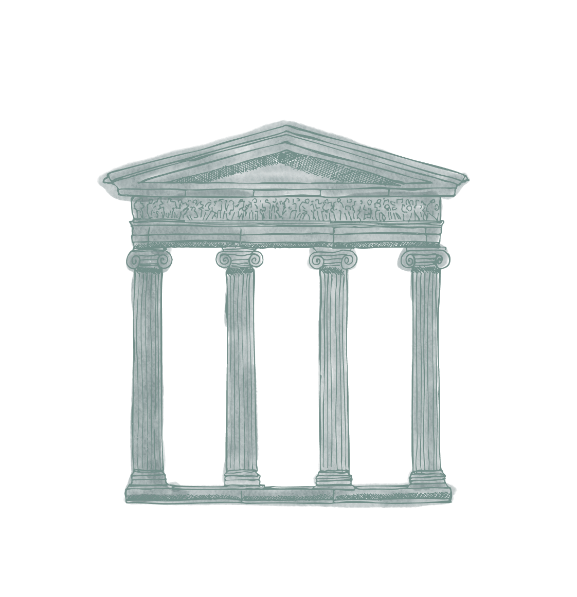 An illustration of an ancient Greek temple with four columns and a triangular pediment. Art by Signora e Mare