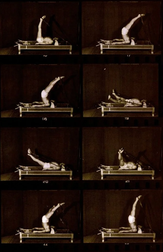 Sequence of six black-and-white photos showing a person lying on a medical table, performing a leg raise exercise with a strap around their feet.