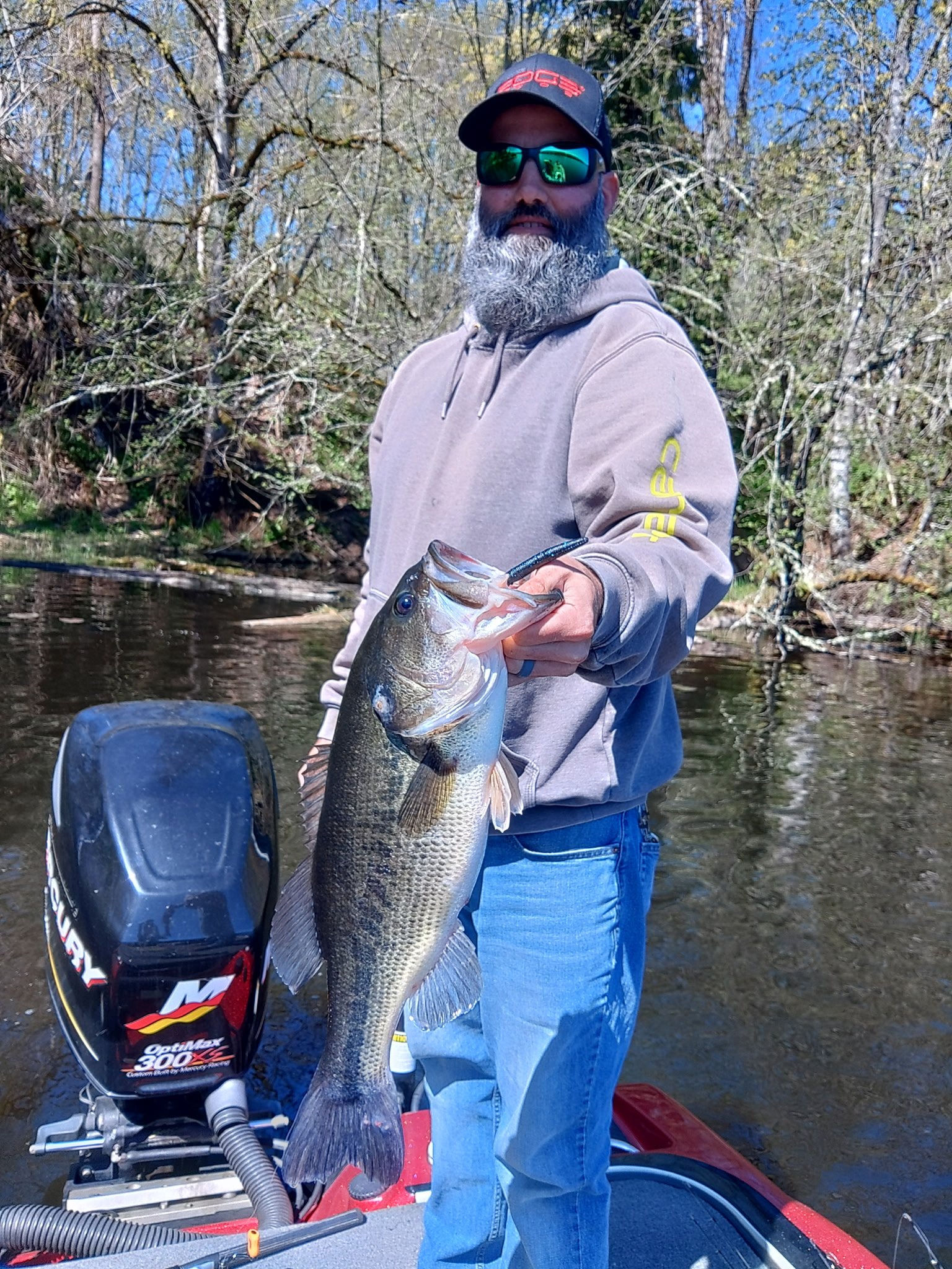 A man with a gray beard wearing sunglasses, a gray hoodie, and a black cap, holding a large fish while standing in a boat on a river, with trees and blue sky in the background.