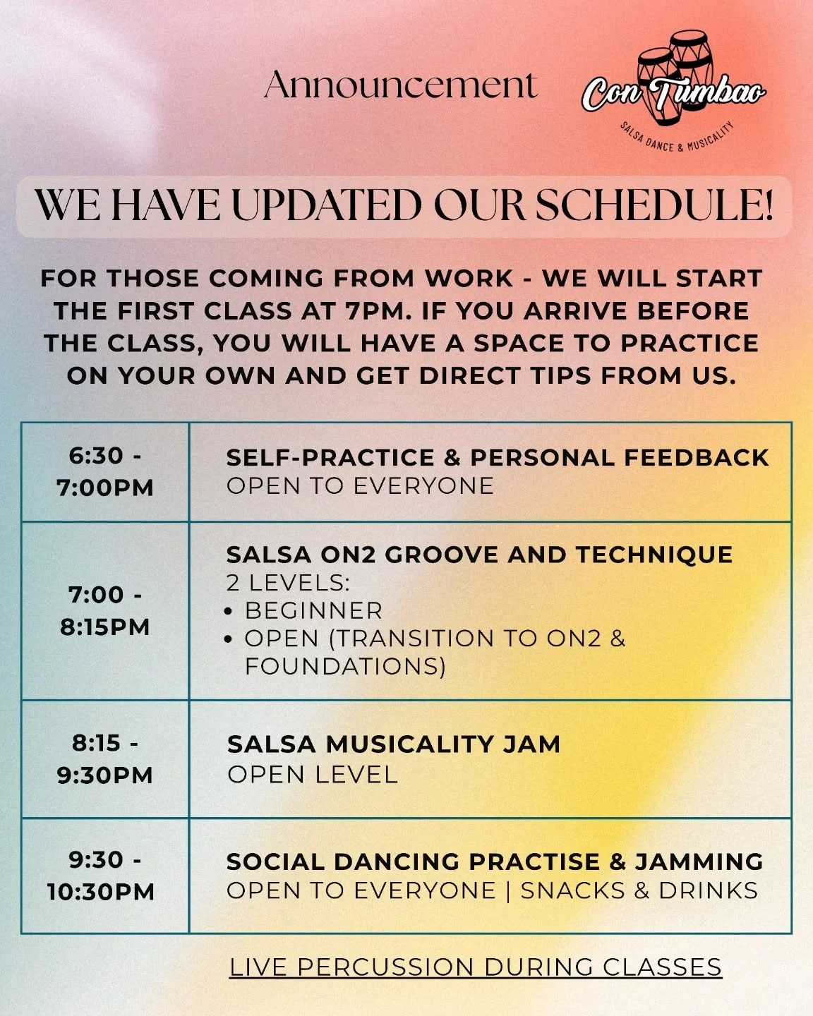 📣 Schedule Update 

We&rsquo;re excited to share our updated Tuesday evening timetable! 🎶✨

🕡 6:30&ndash;7:00pm | Self-practice with teachers&rsquo; support &amp; feedback
A special time designed for our students &ndash; warm up, review basics, ca