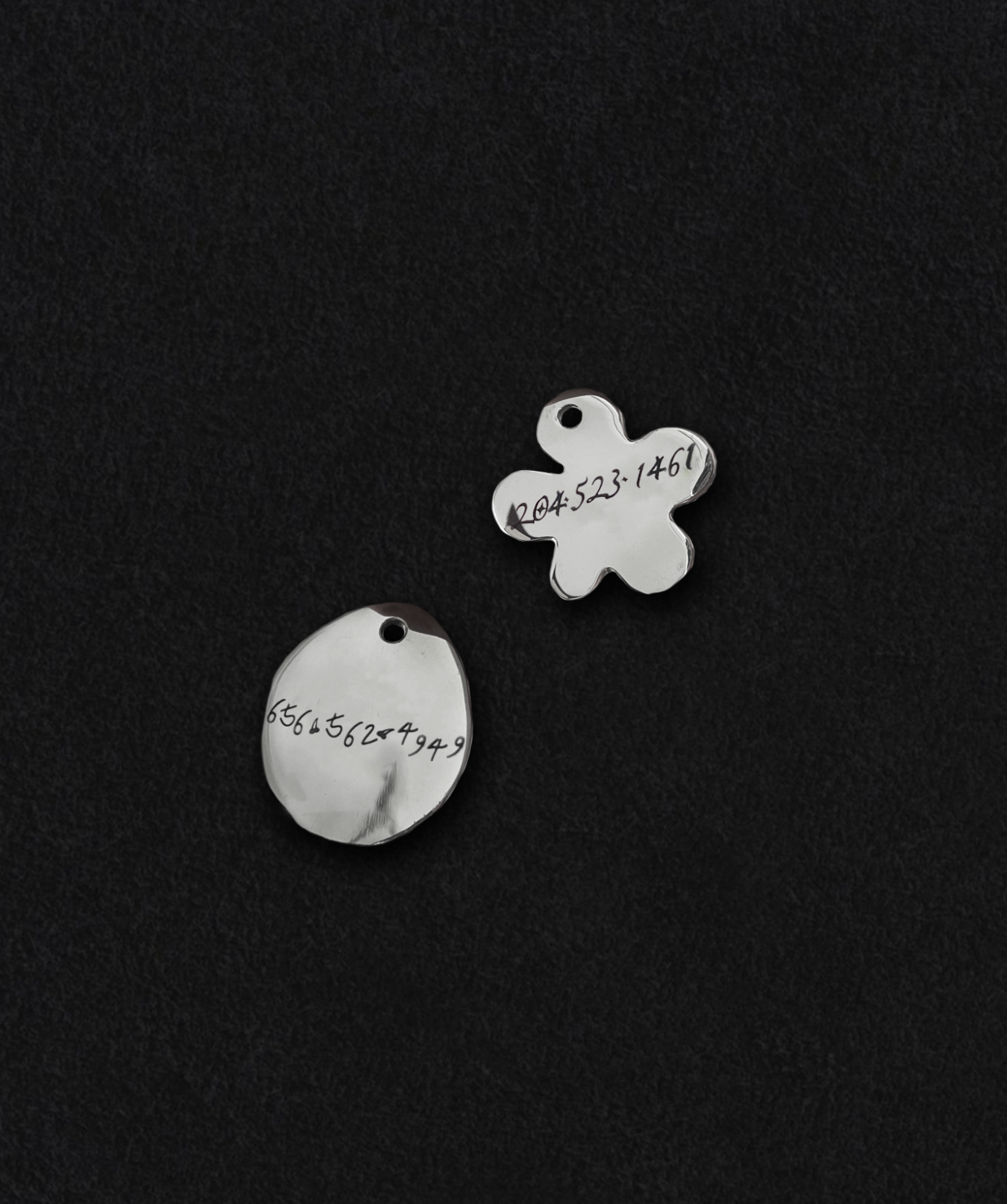 Custom Dog Name Tags with Personalized logos

Sterling Silver. Shiny Finish. Hand-made

*Numbers have been changed and are fake