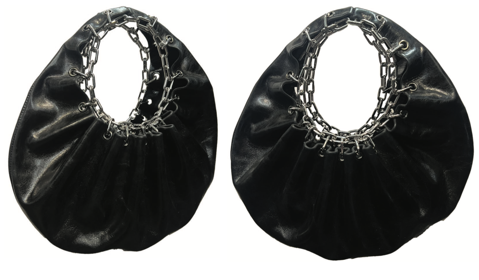 Chain Leather Bag:
A cinched leather silhouette constructed using chain and metal eyelets, combining structure with soft form.