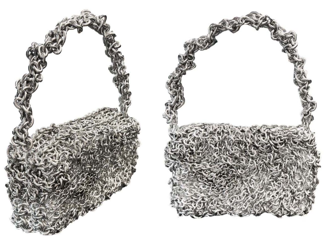 Molded Chain Bag:
A rigid chain miniaudière constructed using epoxy and chicken wire, featuring a sculpted body and a rotating hard handle.