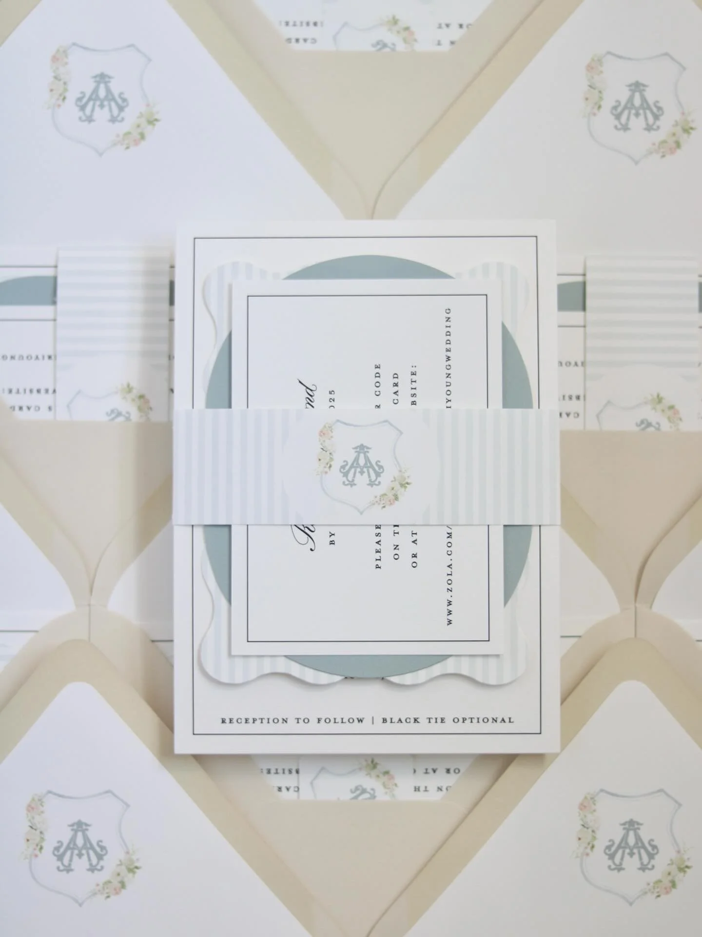 Southern, soft, and sophisticated!

We got to play with so many fun elements in this invitation design process: die cuts, patterns, a monogram, calligraphy, a crest, a venue illustration, color, and more! Each piece of paper holds a significance and 