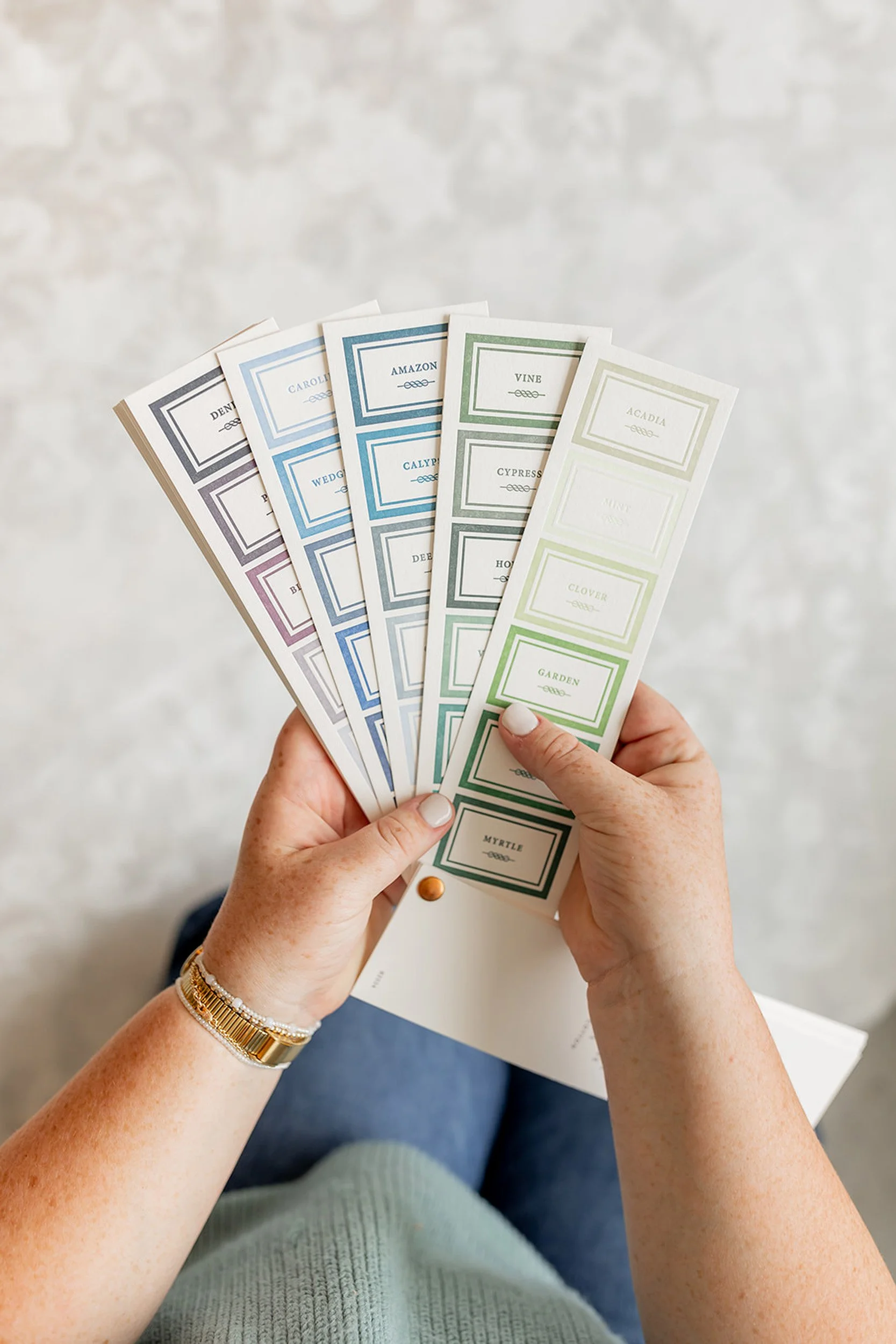 Person holding a set of plant name cards with a neutral background.