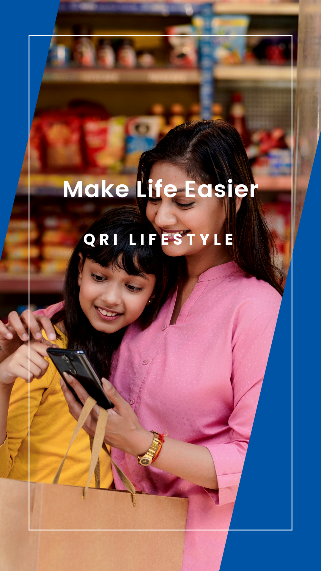 Mother and daughter looking at smartphone grocery store aisle - QRI Lifestyle everyday savings