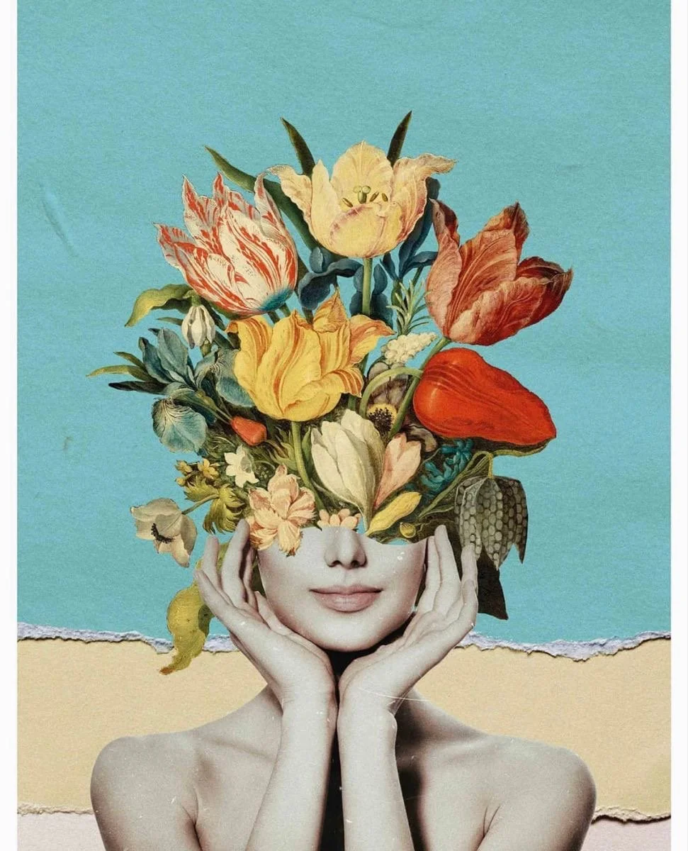 A woman with a neutral expression has her eyes replaced by a large bouquet of colorful flowers and leaves.