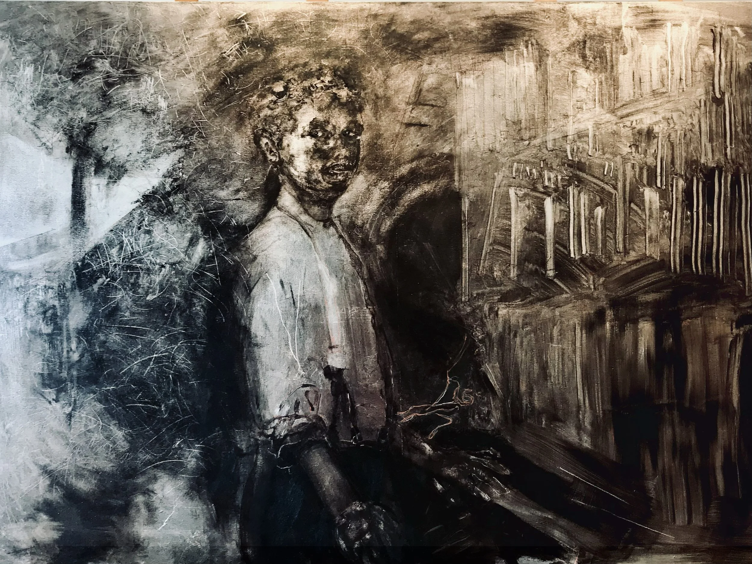 FACTORY HAND, 2023, Micaceous Oxide over Silver Leav, 48 × 72