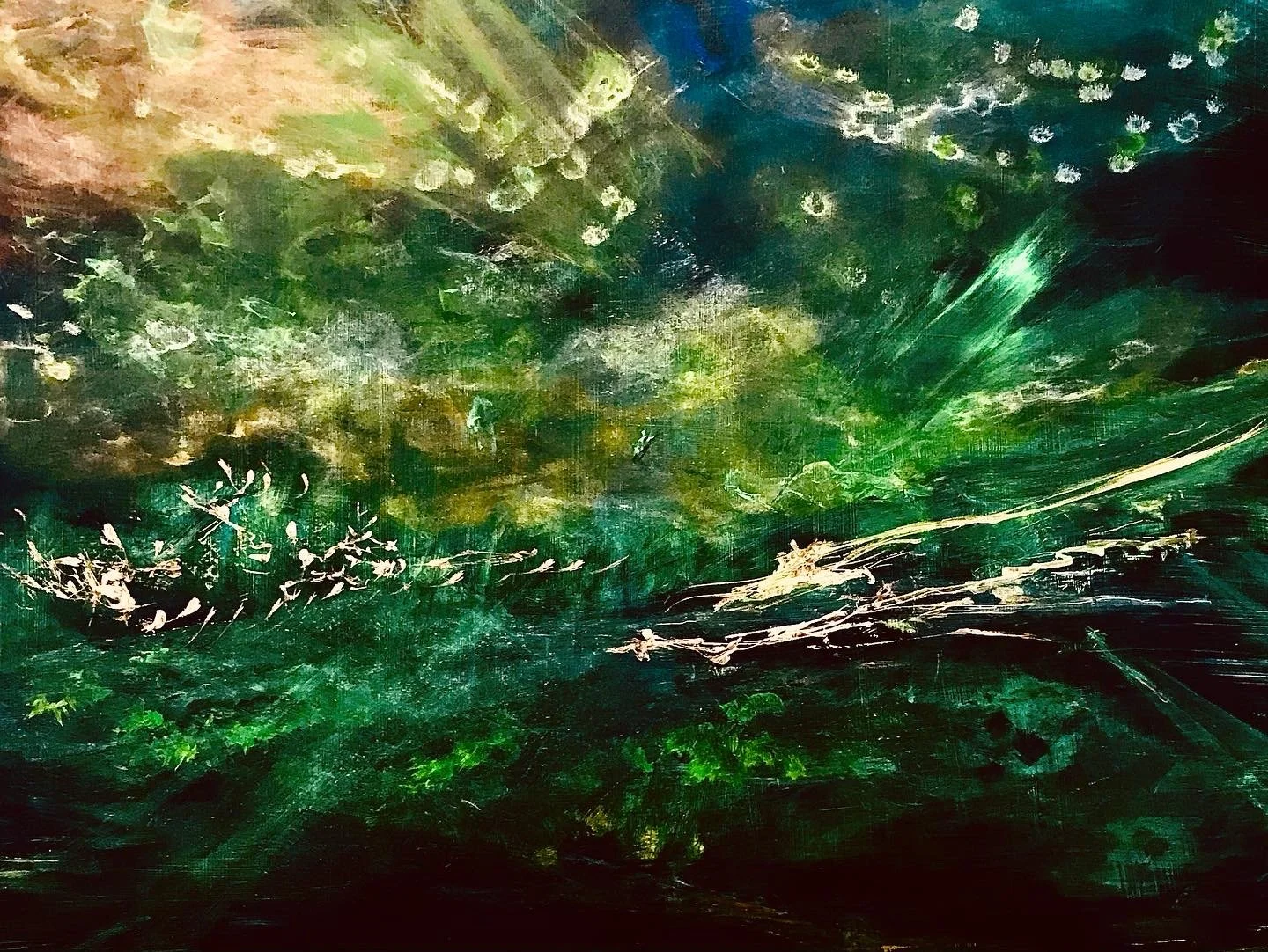 Abstract painting with shades of green, yellow, brown, and hints of white, resembling a lush forest or jungle scene.