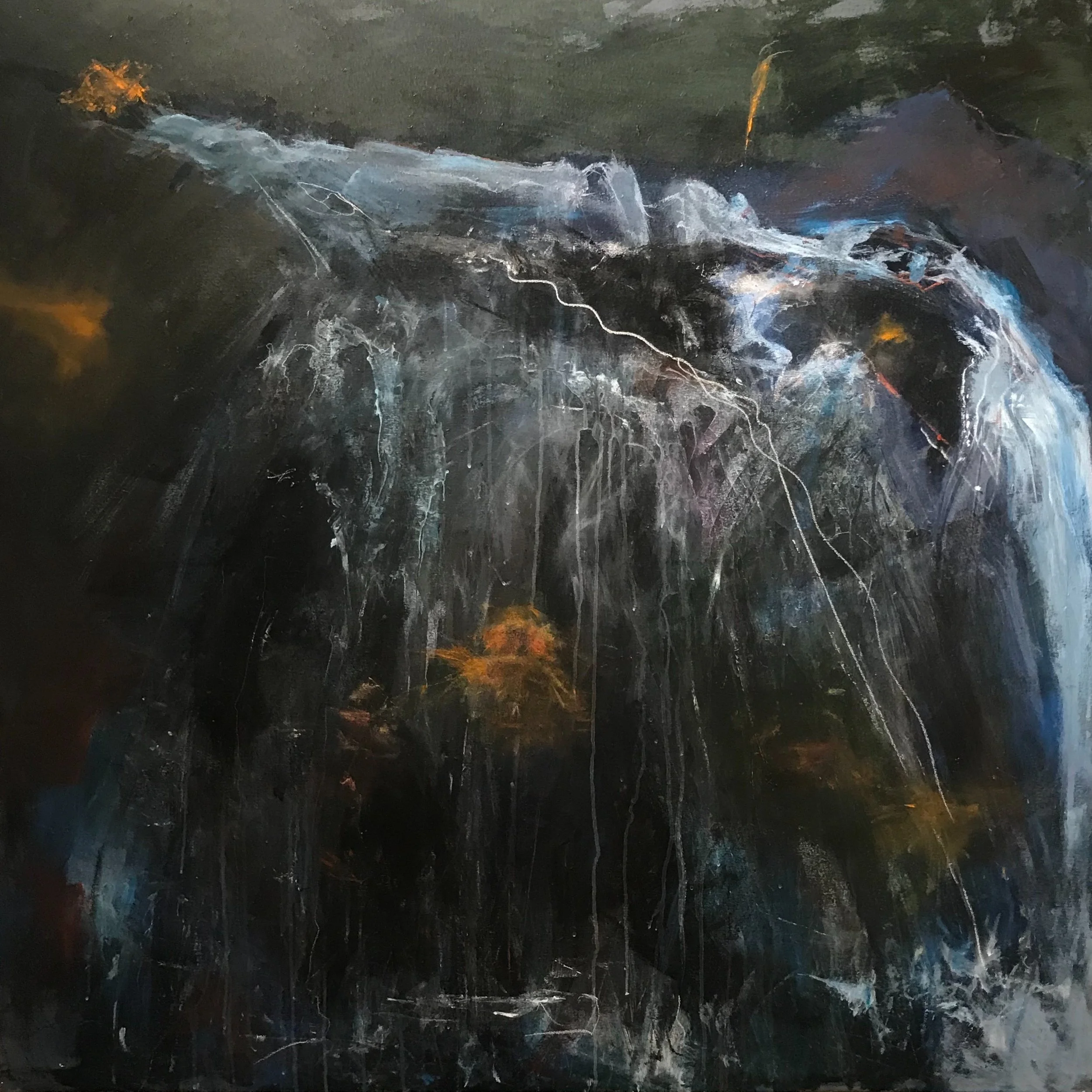 Abstract painting of a waterfall with dark and vibrant colors, emphasizing the flow of water and movement.