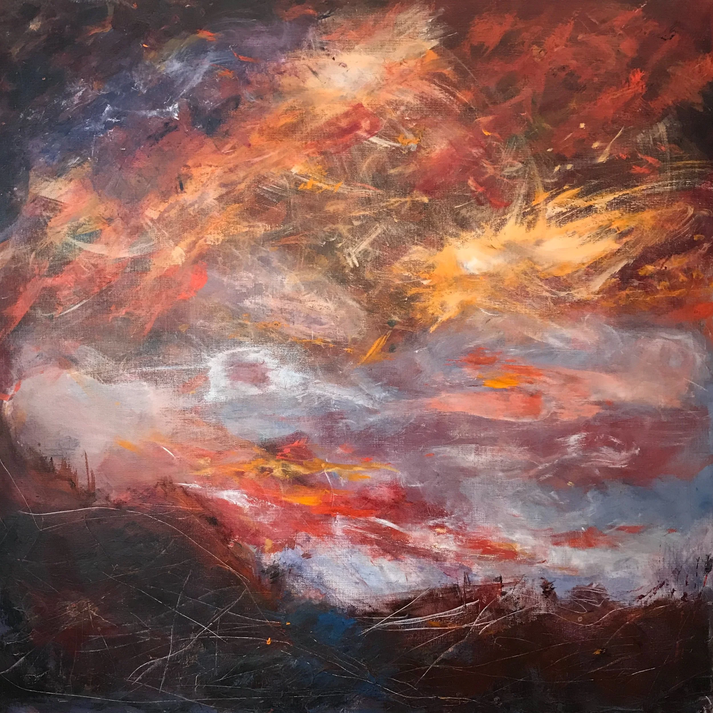 Abstract painting with fiery red, orange, yellow, purple, and dark tones.