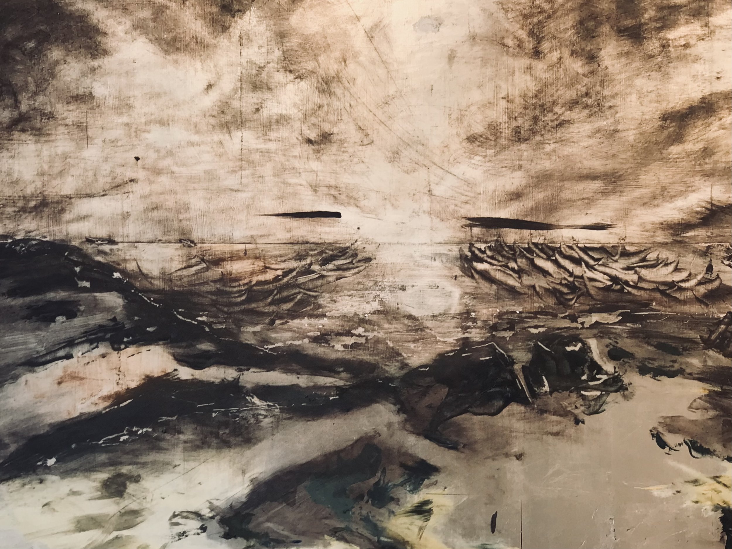 Abstract black, gray, and brown landscape painting depicting a turbulent seascape with waves, boats, and a cloudy sky.