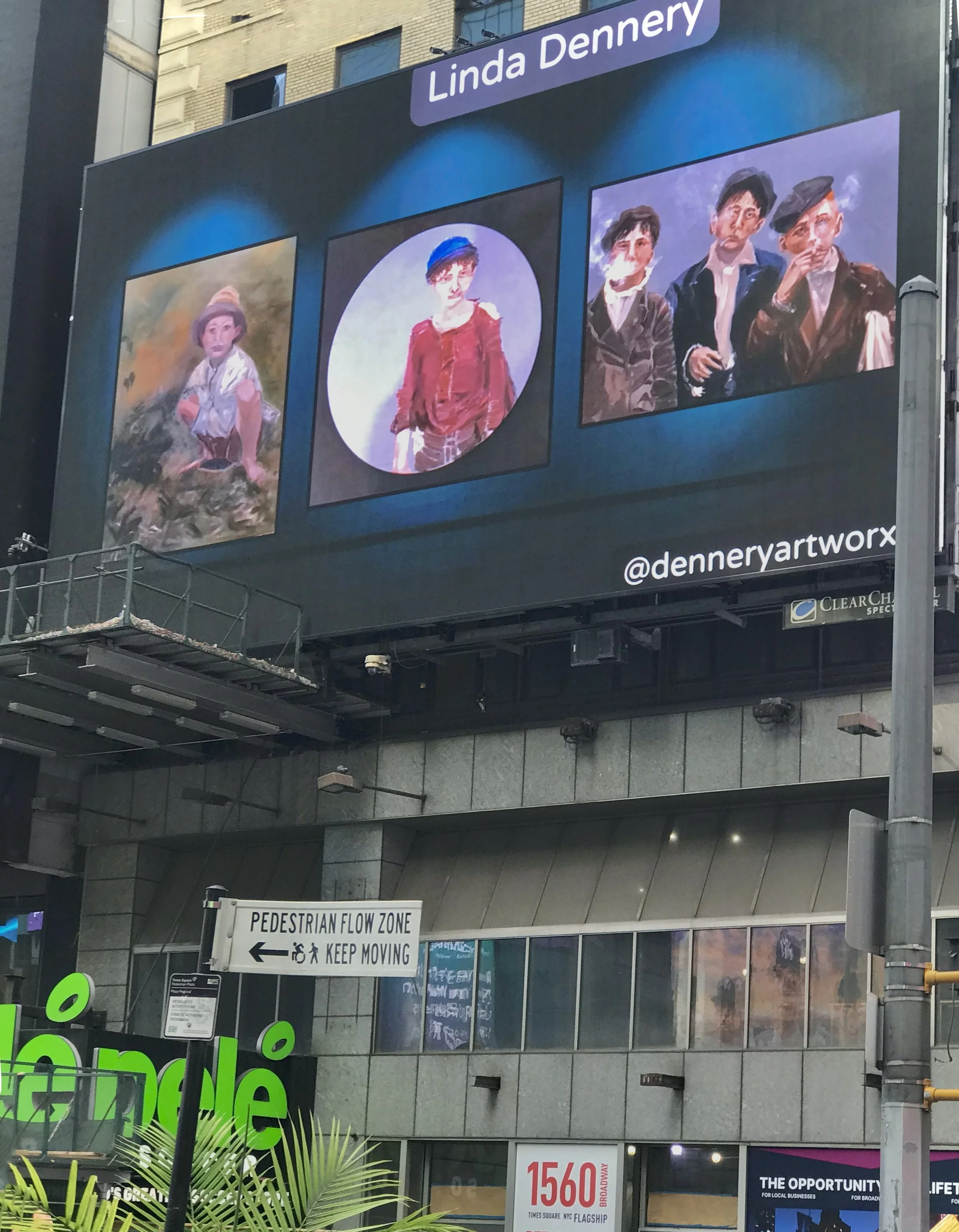 Billboard with three digital paintings of children, under the text "Linda Dennery" and social media handle @denneryartworx".