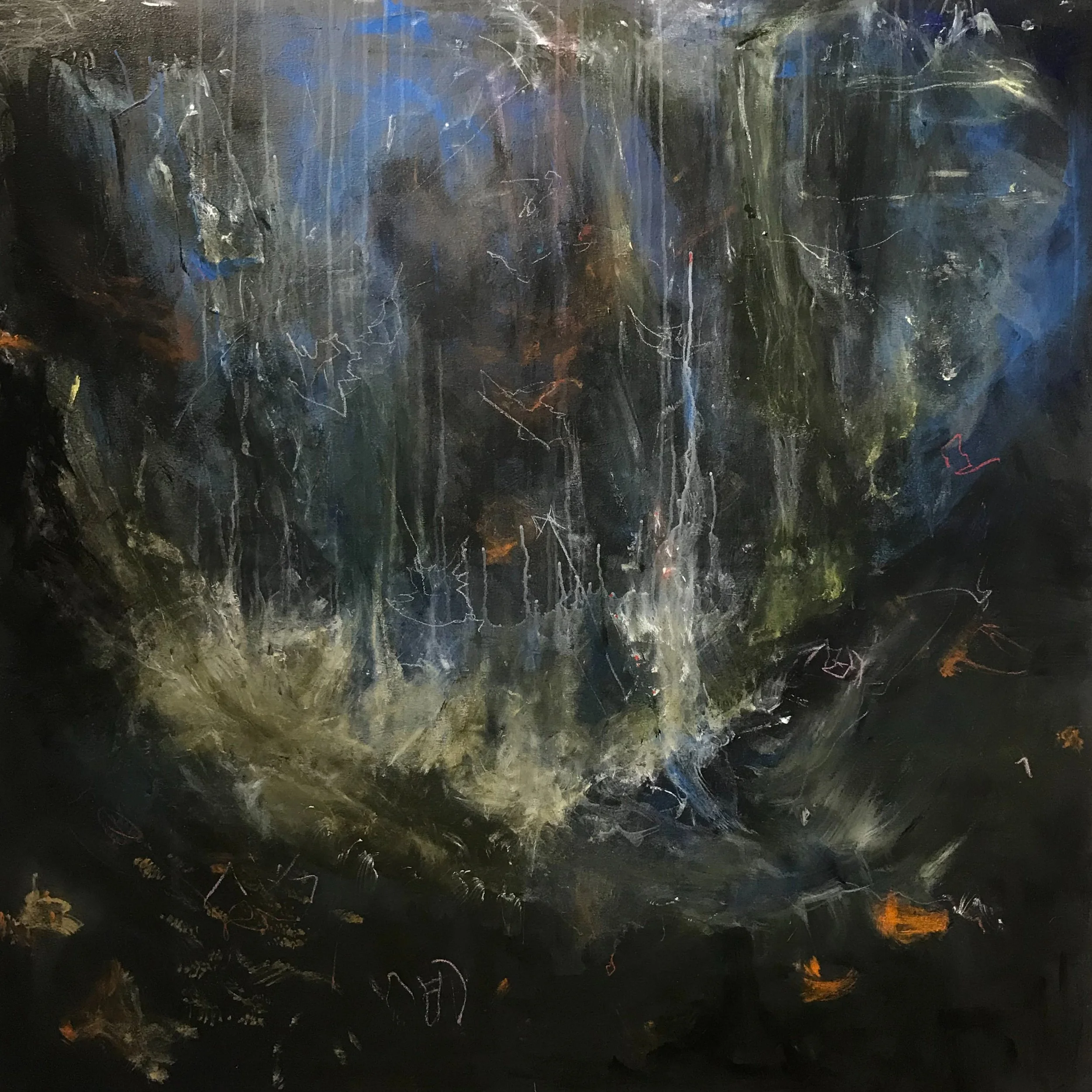 Abstract painting with dark tones, streaks of white, blue, and hints of orange and yellow, featuring chaotic lines and textures.