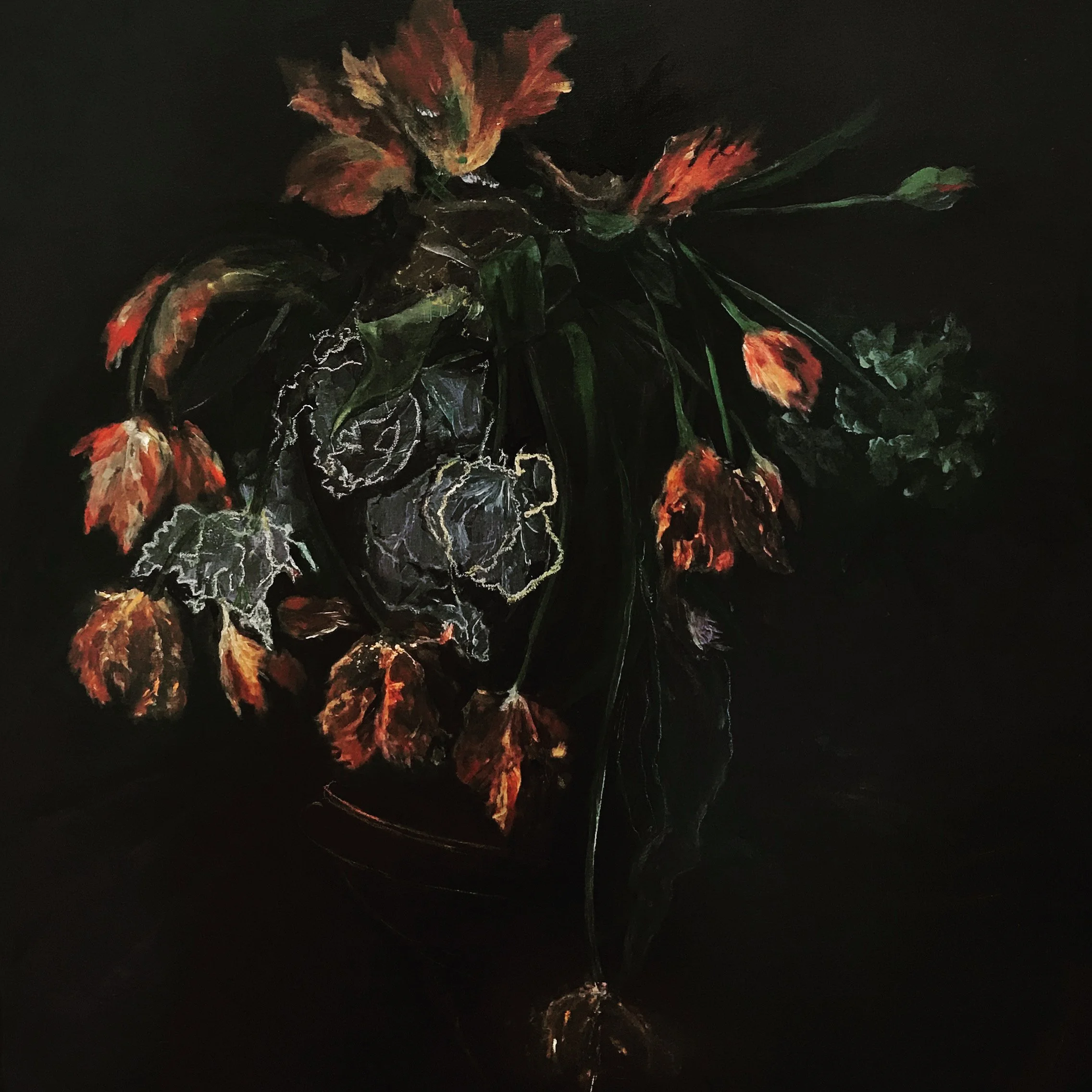 GHOST TULIPS, 2022, Acrylic and pastel on canvas, 36 × 36