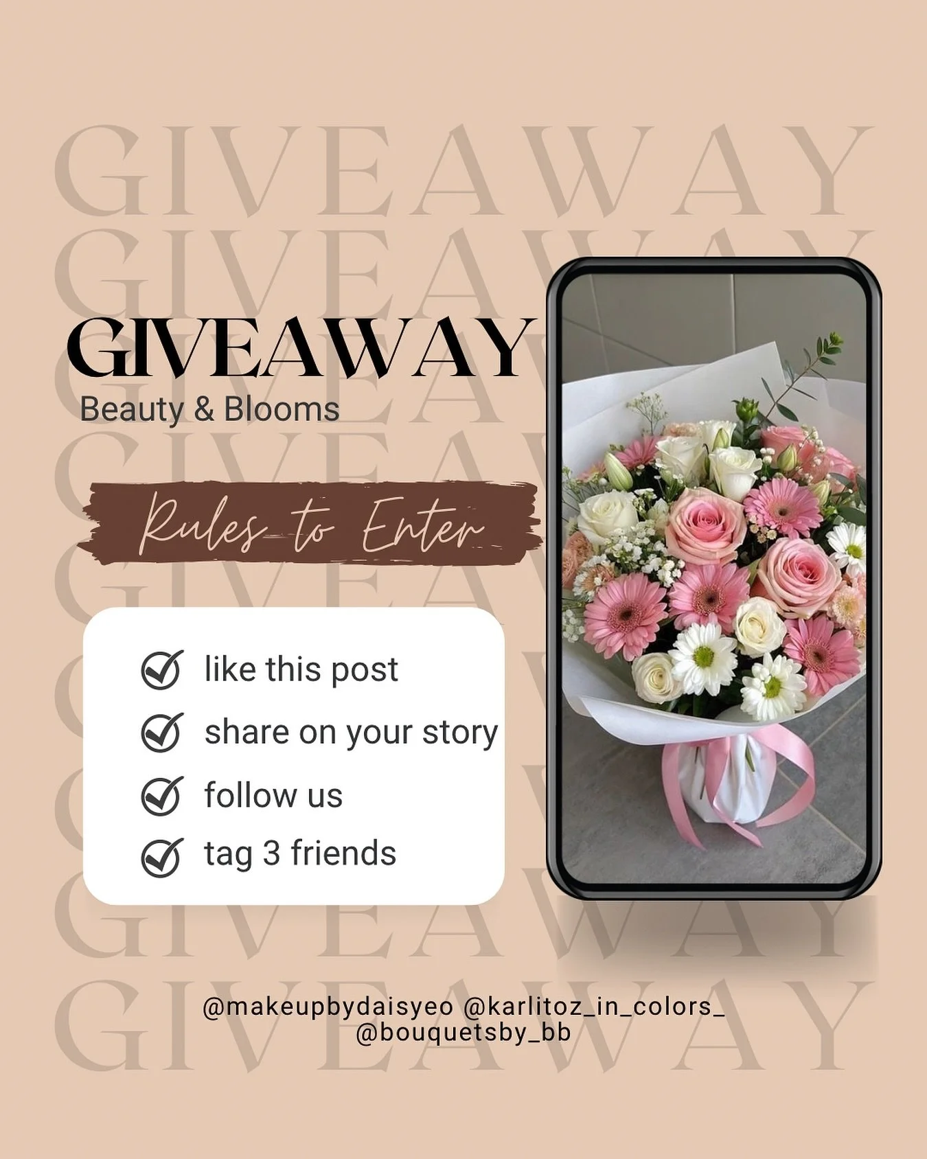It&rsquo;s ✨GIVEAWAY✨ time!! 

I have teamed up with a couple amazing local vendors to bring you the ultimate prize: 
💄 Glam by @makeupbydaisyeo 
💇🏻&zwj;♀️ Professional hair styling by @karlitoz_in_colors_ 
💐 And lastly, a beautiful bouquet by @b