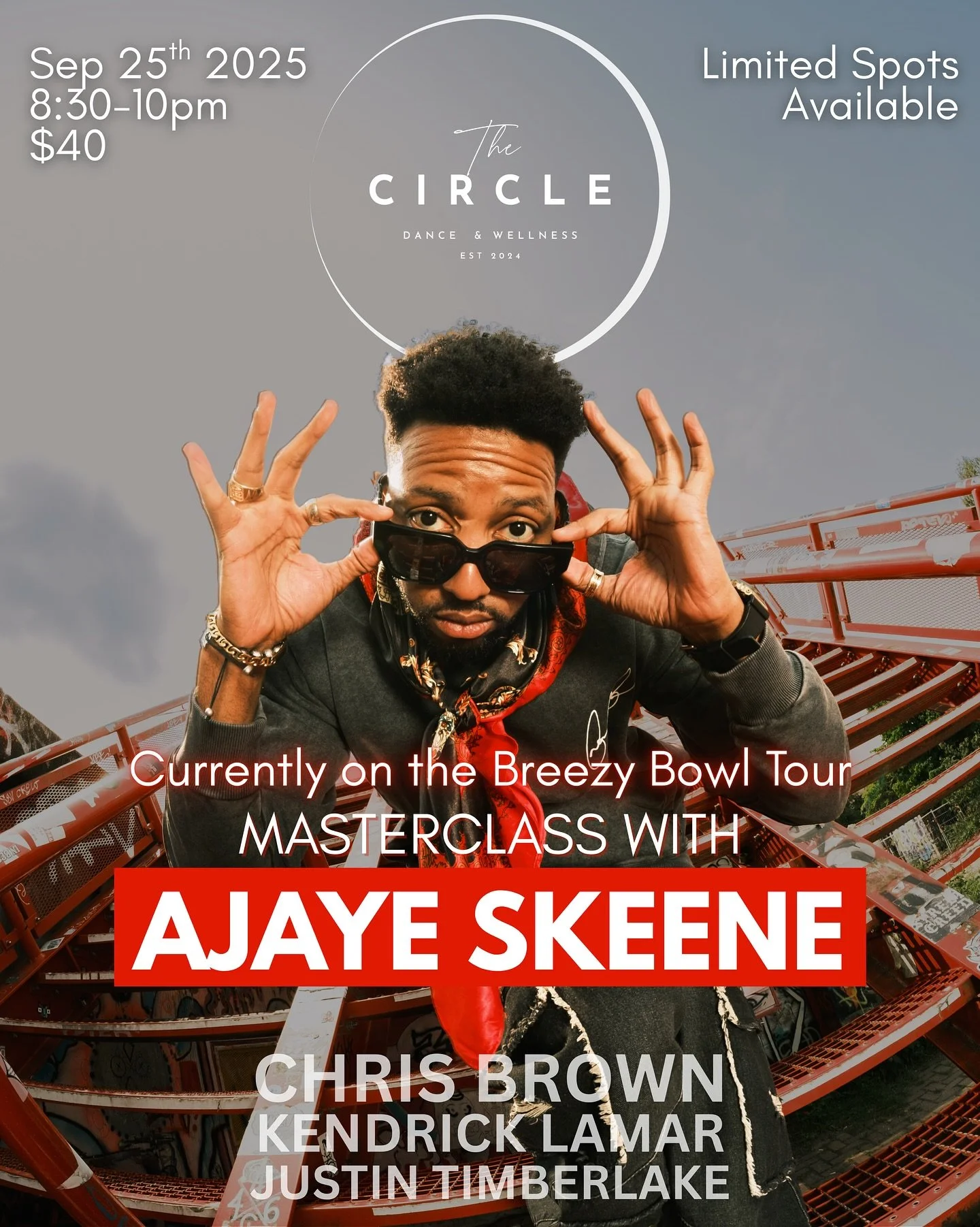 🚨 BREEZY BOWL MASTER CLASS&bull; ONLY AT THE CIRCLE 🚨 

Come take class with one of Chris Brown&rsquo;s incredible dancers before he hits the stage for Breezy Bowl! @ajayeskeeneofficial is an amazing dancer, teacher and choreographer who&rsquo;s re