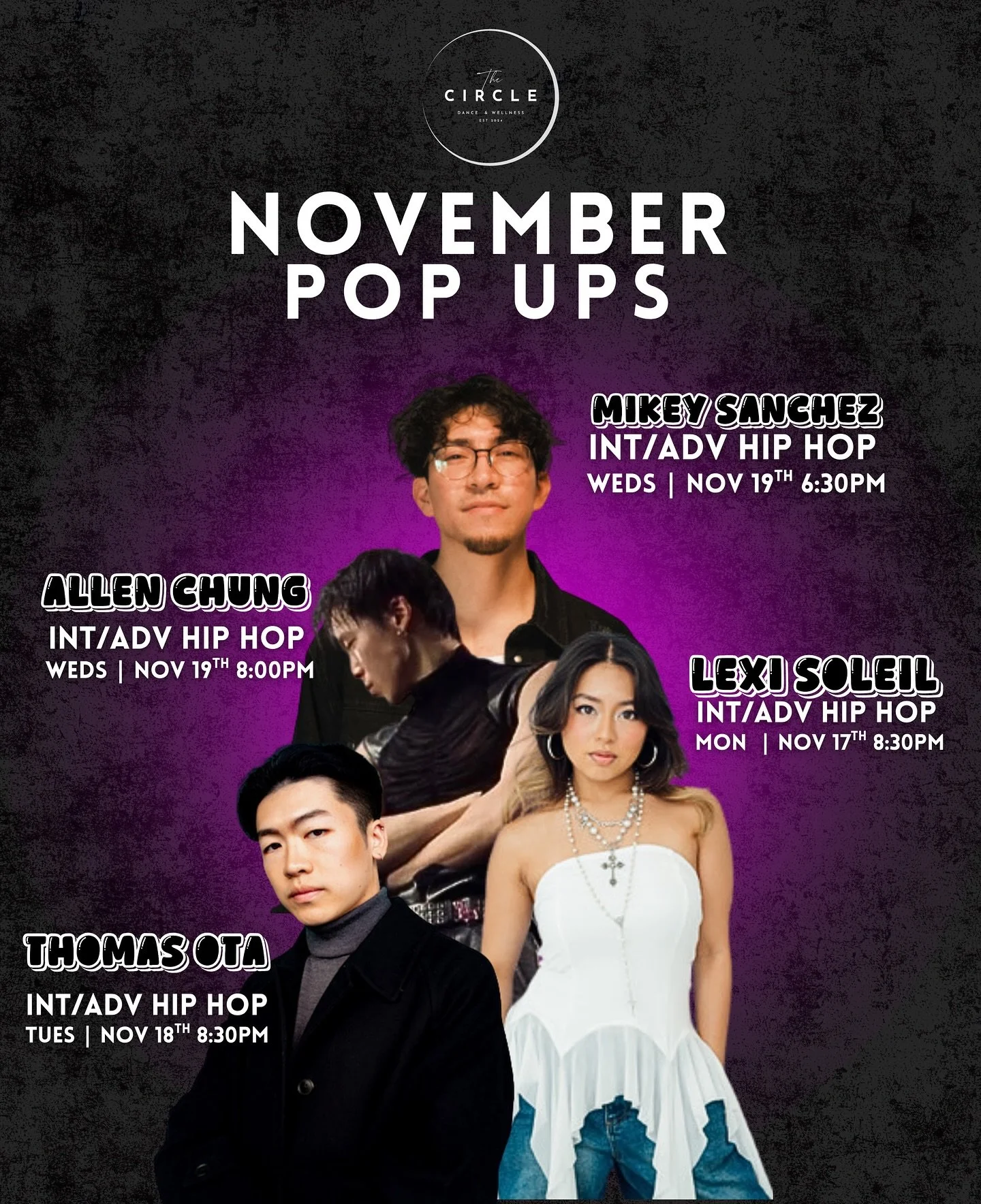 Tons of exciting pop-ups coming to the studio next week! 

Monday 11/17 8:30 pm Hip Hop with Lexi
Tuesday 11/18 8:30 pm Hip Hop with @choreohta 
Wednesday 11/19 6:30 pm Hip Hop with @_mikesan_ 
Wednesday 11/19 8:00 pm Hip Hop with @_allenchung 

** A