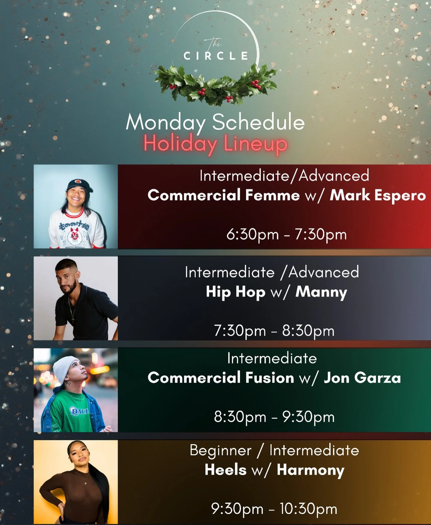 Special Monday night holiday schedule ❤️💚🎄

Don&rsquo;t miss this special holiday line up tonight @thecirclestudiosa with all these fabulous teachers! Sign up is now LIVE on the app or website. - Life Hack - grab a 4 class pass and take all four cl
