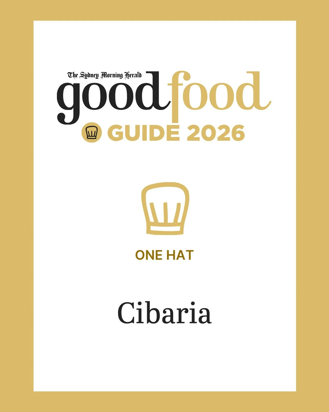 One year in, one hat and a whole lot of gratitude. Thank you to @goodfoodau for the recognition and to everyone who&rsquo;s made Cibaria feel like home since day one.

@goodfoodau @sydneymorningherald #goodfoodguide26 @alexpavoni @moyasky @pardo9000 