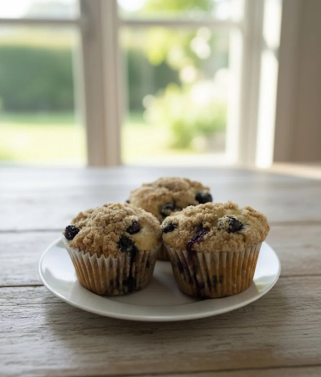 Three blueberry muffins on a white plate on a wooden table with a window and green outdoor scenery in the background.
