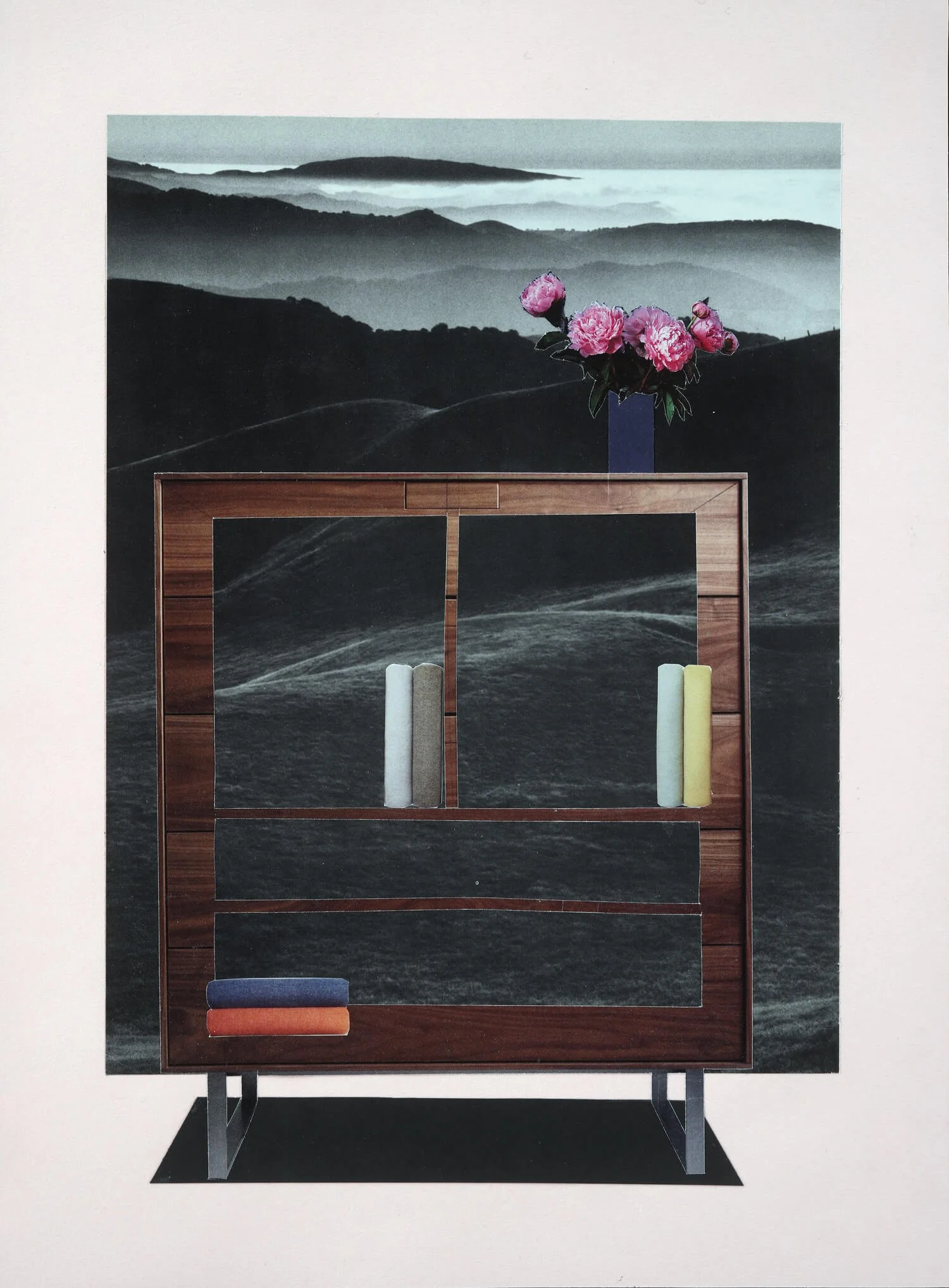 Hutch with Pink Flowers, Collage on paper, 2019 by Erik Parra