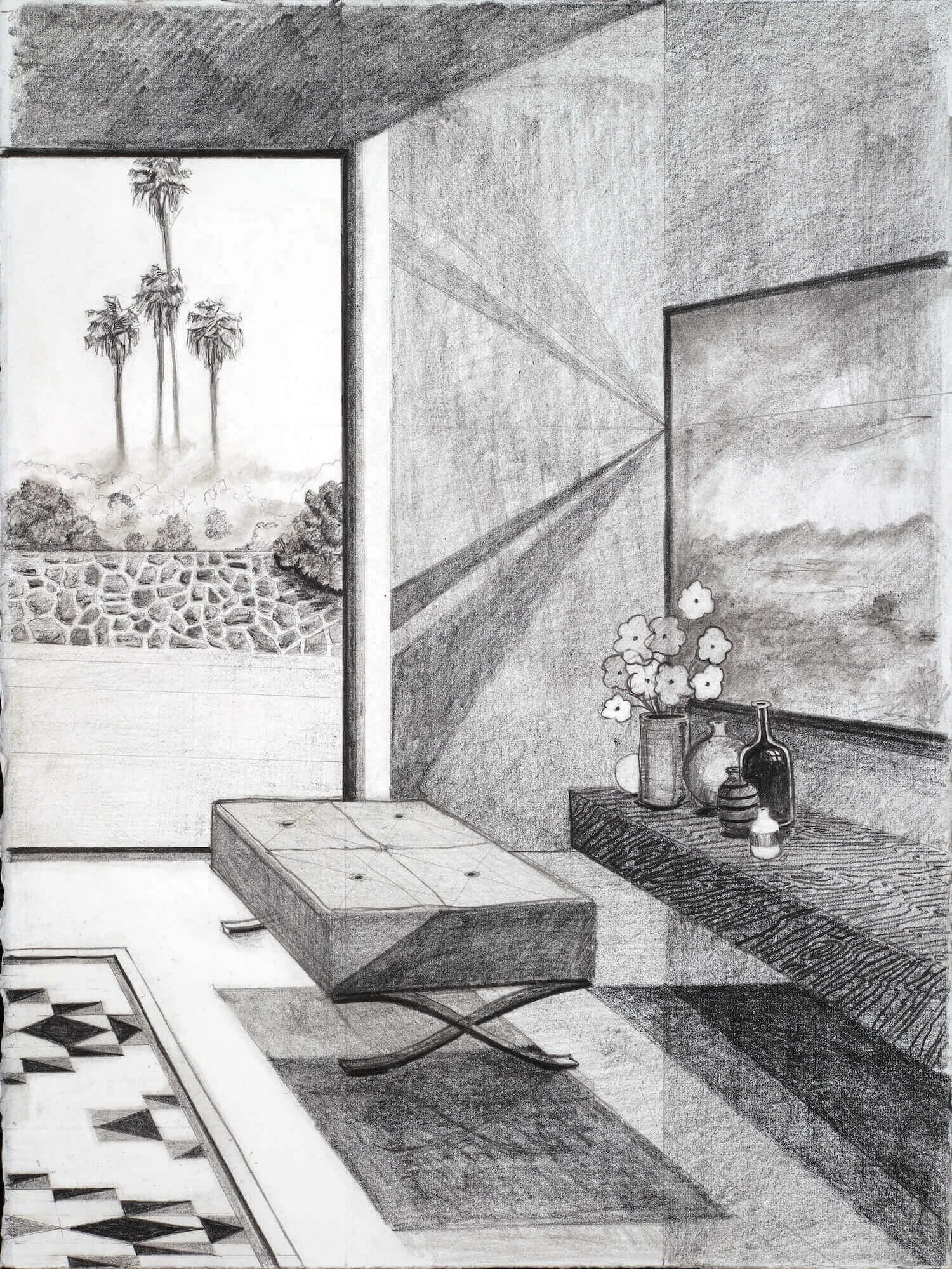 Living Room With Flowers, Graphite on paper, 2024 by Erik Parra