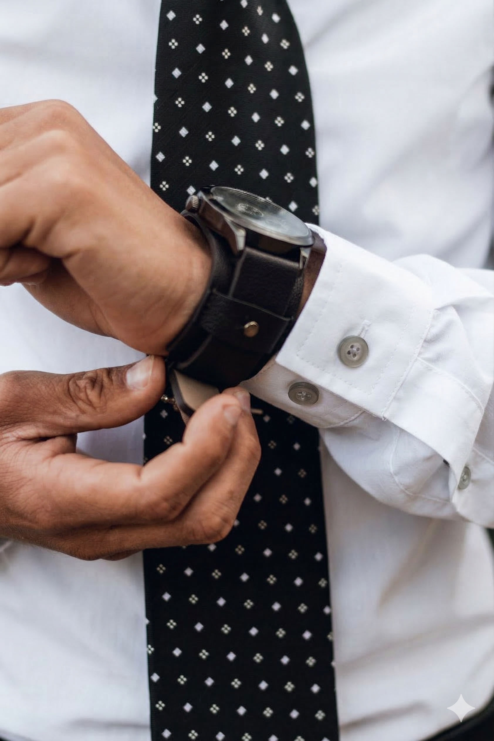 A man wearing a white dress shirt with cuff buttons, a black watch, and a black tie with white diamond pattern adjusts his sleeve.