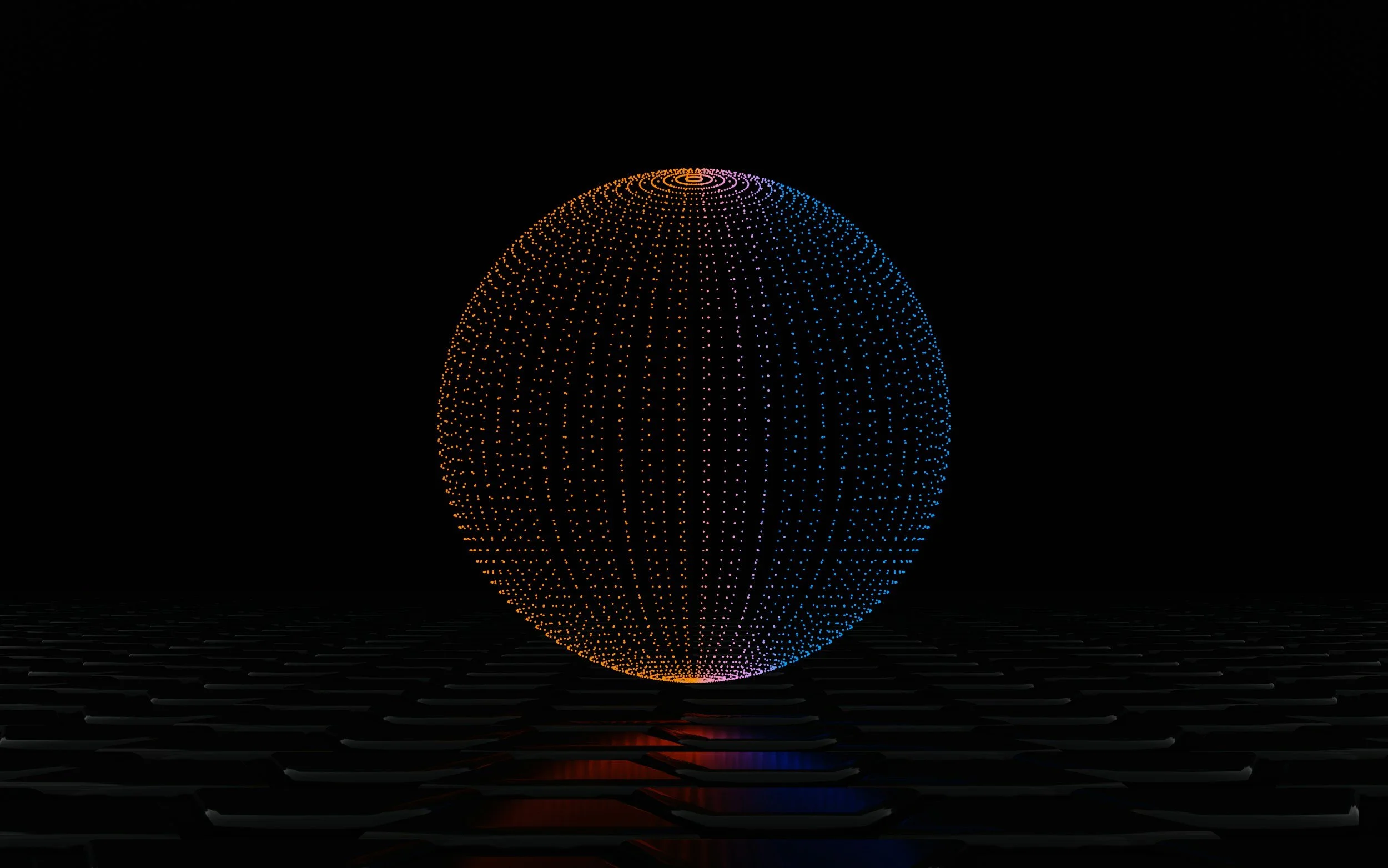 A glowing digital globe composed of multicolored dots floating above a patterned surface against a black background.