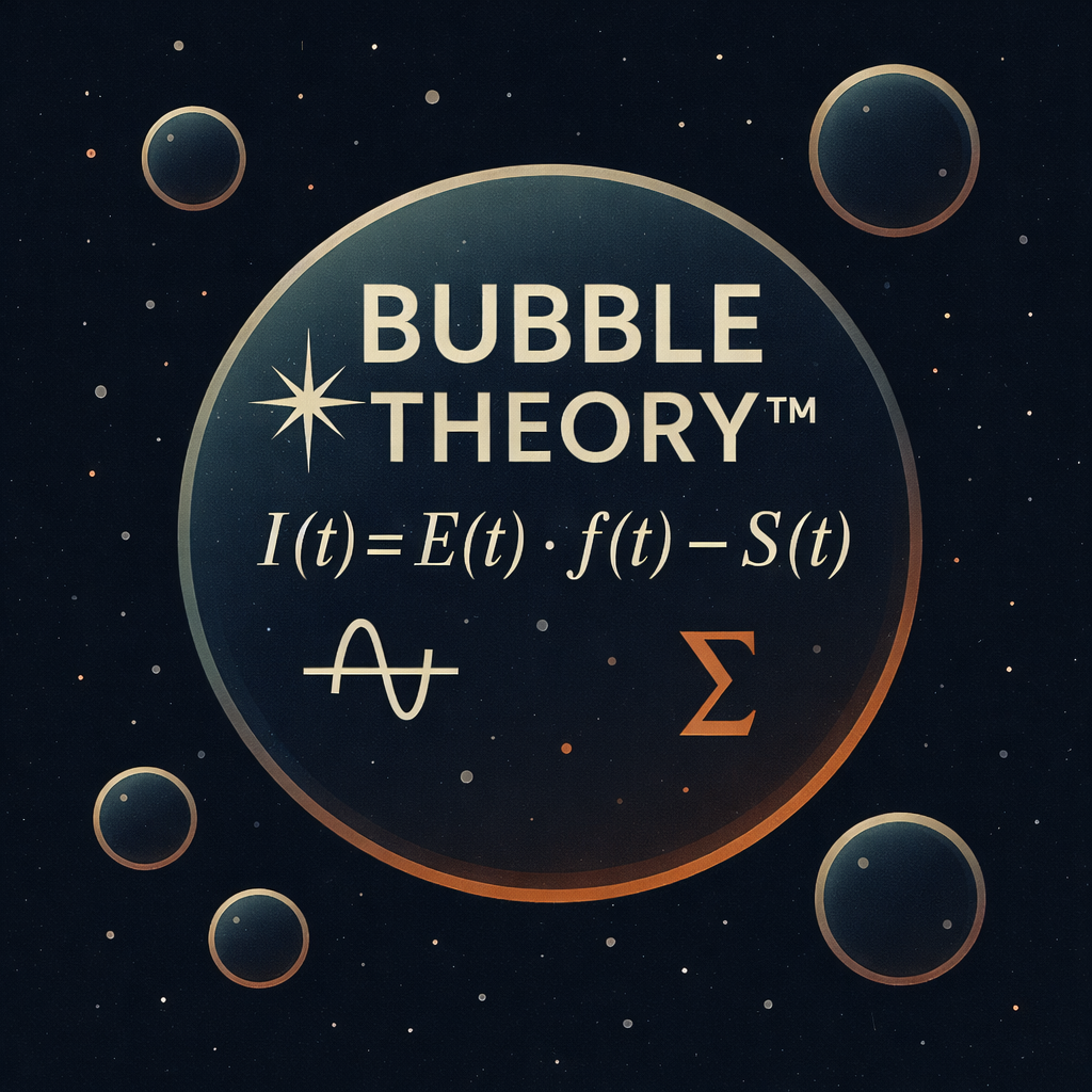 A graphic with the title 'Bubble Theory' featuring mathematical formulas and symbols related to the concept, set against a galaxy background with stars and bubbles.