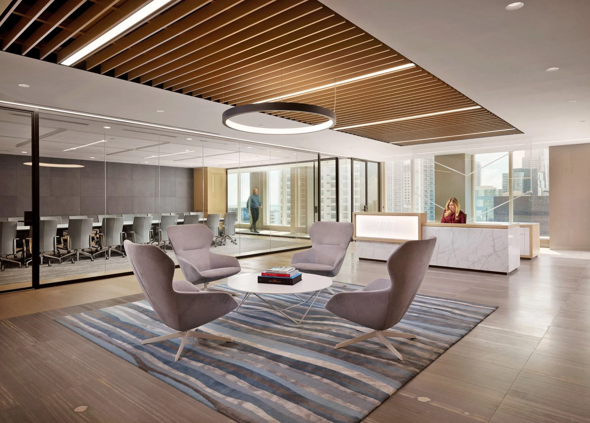 Custom area rug in a corporate office reception space