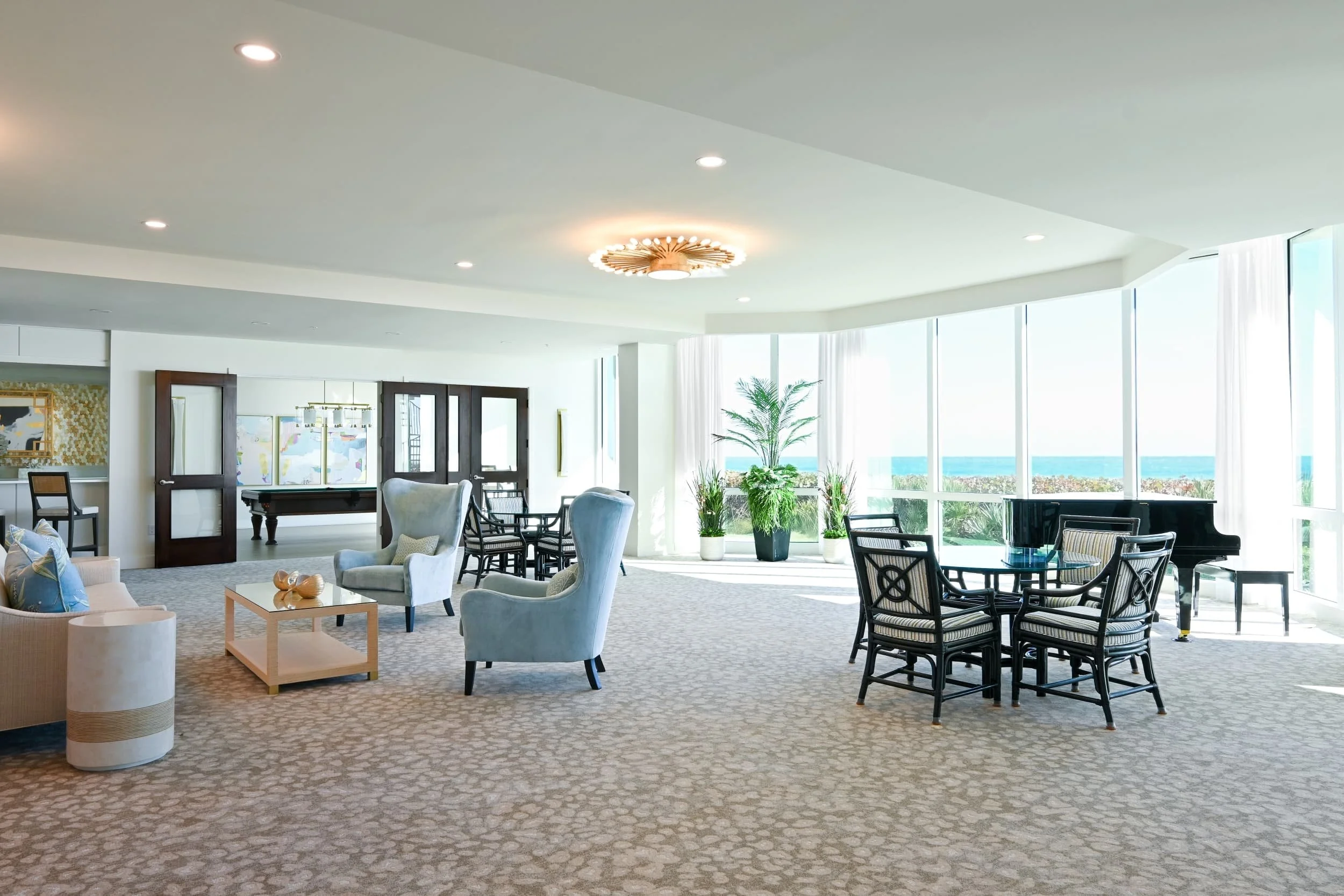 Clubhouse and social room installed with woven axminster carpet produced with wool and shiny nylon