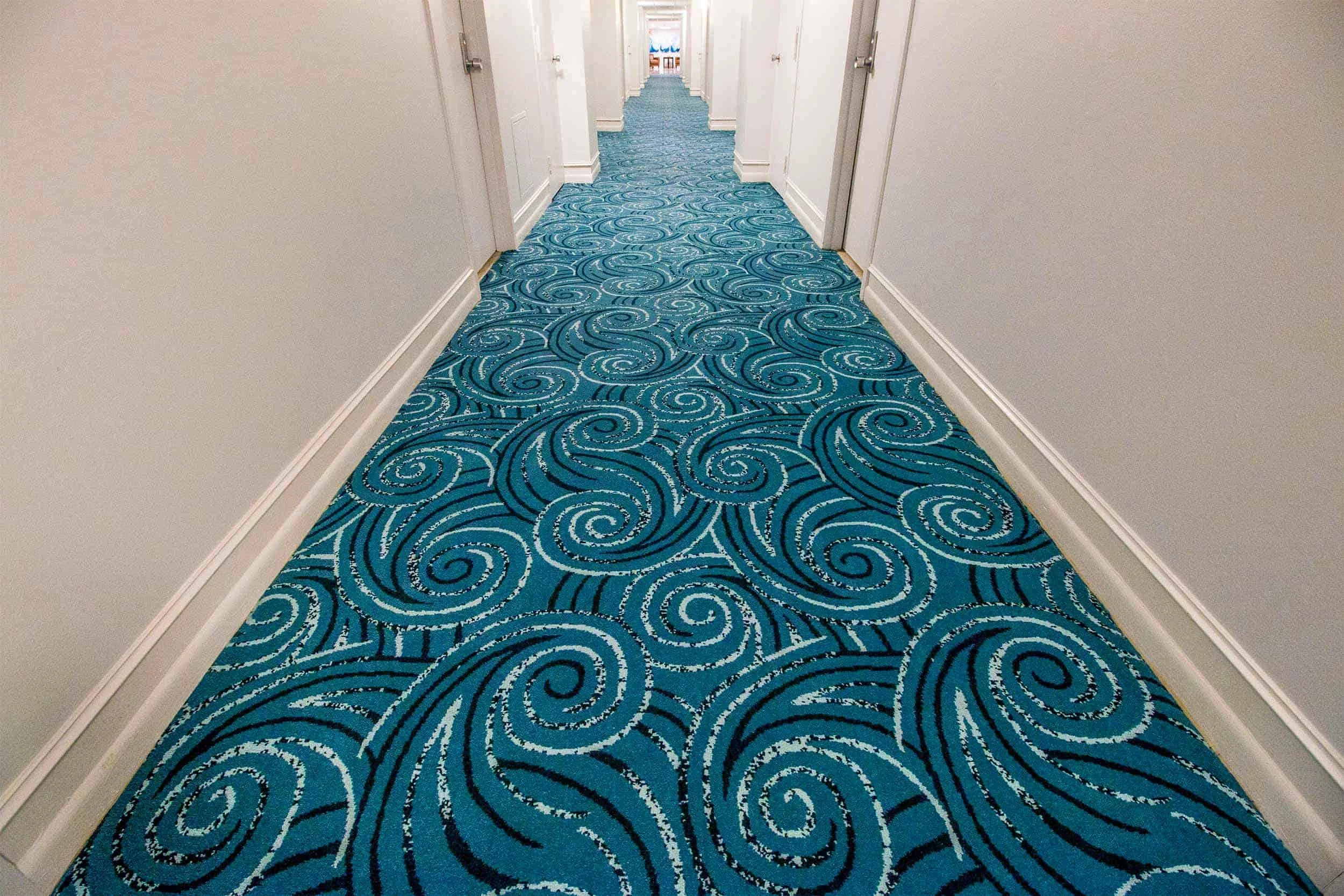 High-traffic commercial carpet in a hospitality corridor