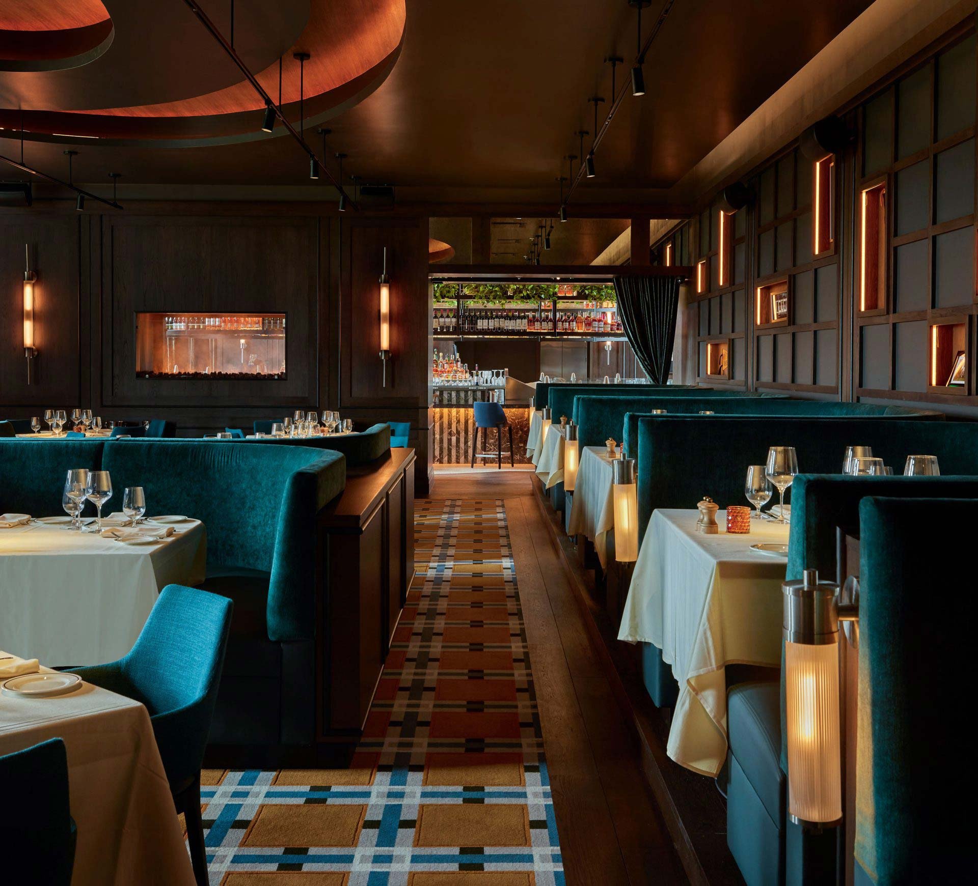 Restaurant dining room featuring custom Axminster carpet at Boilerhouse Prime Steakhouse