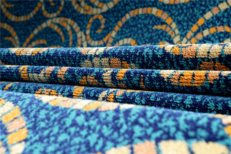 Close-up of custom commercial carpet fiber and construction