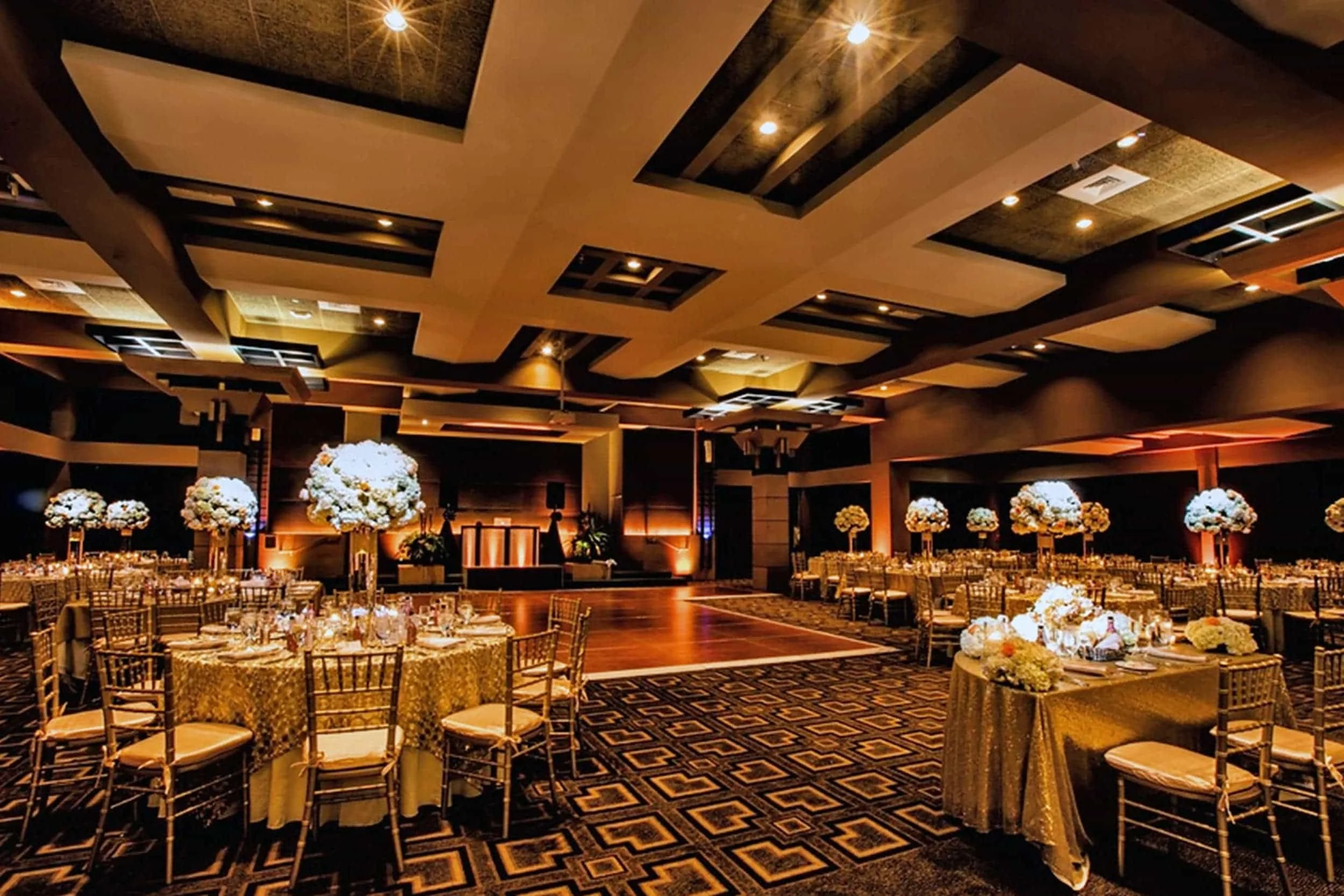 Solution-dyed nylon Axminster carpet in high-traffic ballroom event space