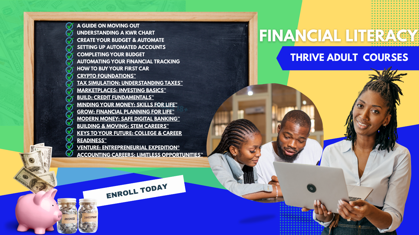 Colorful graphic promoting financial literacy courses by Thrive Adult Courses, featuring a woman holding a laptop, a chalkboard list of course topics, a piggy bank, jars labeled 'Savings' and 'Investment,' and a small group of people discussing.