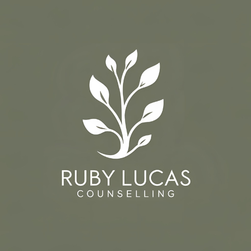 Logo for Ruby Lucas Counseling featuring a stylized white plant with leaves on a muted green background.