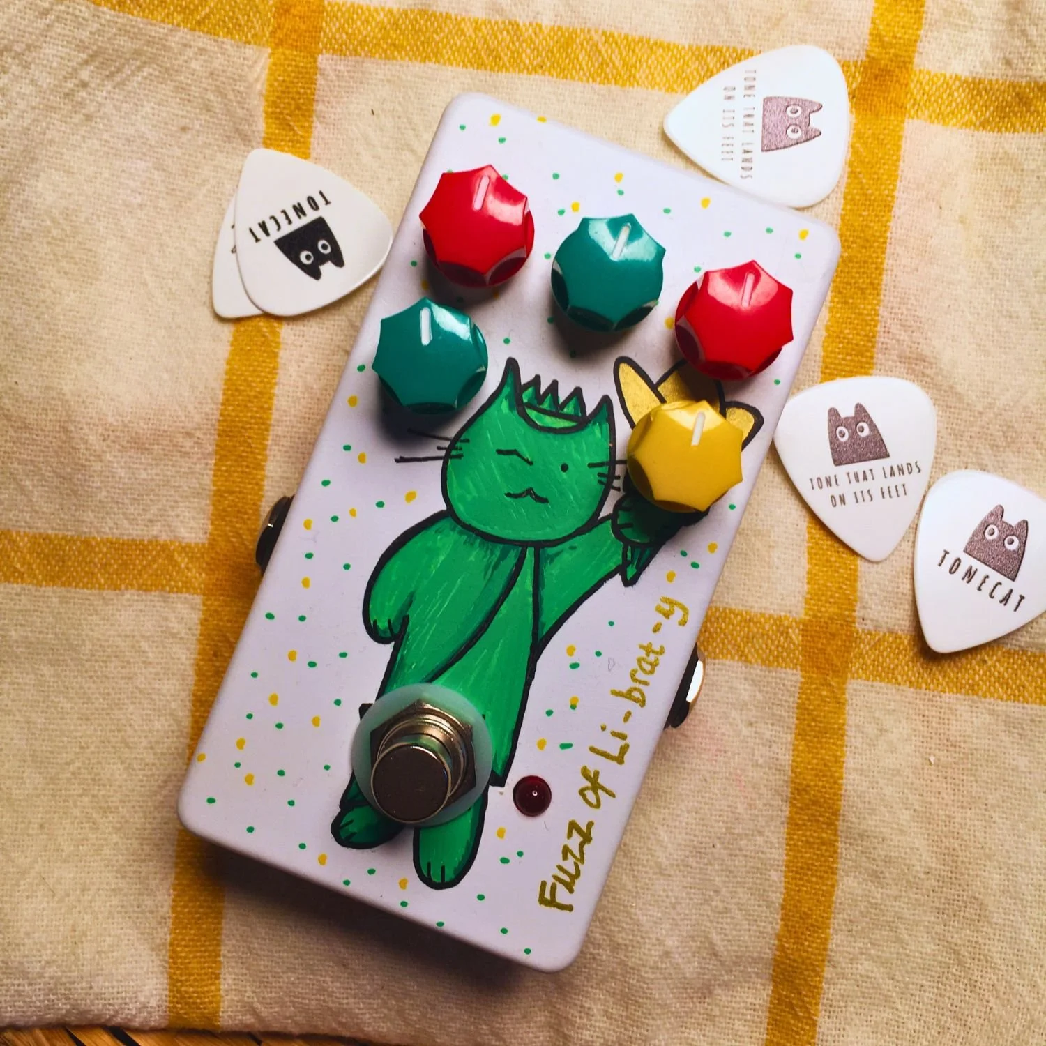 Tonecat Fuzz of Li-brat-y boutique fuzz pedal with custom artwork enclosure, one-of-one hand-finished guitar effects pedal - Designed by 9-yo girl