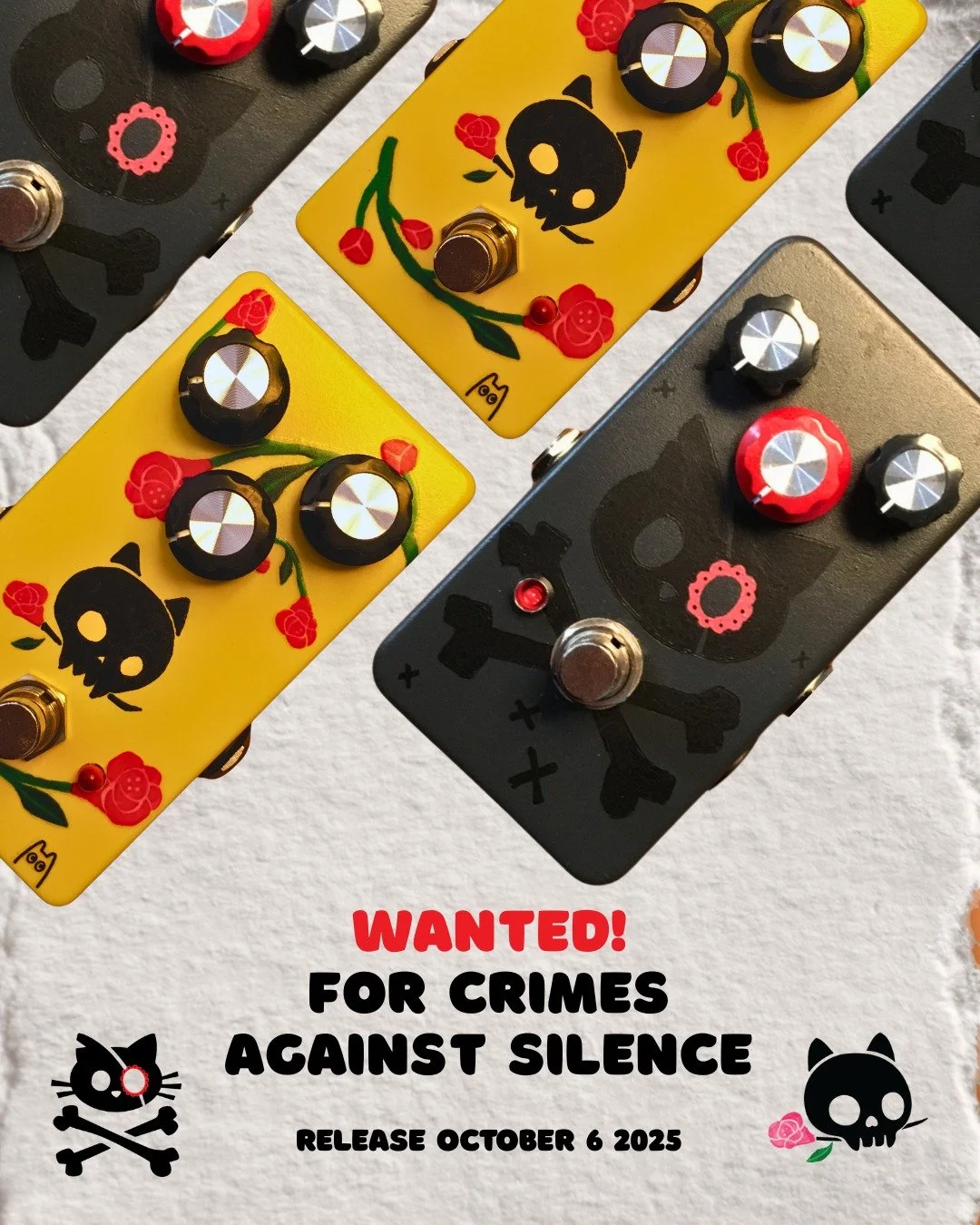 🐾 Cutthroat Kitty Distortion

Sharp of claw. Sharper of tone.
A pirate&rsquo;s reinvention of the DS-1 &mdash; sharper mids, tighter lows, and sustain that slashes through the mix.

🌹☠️ Skull and Roses Fuzz

The dark romantic of fuzz.
A ghostly Muf