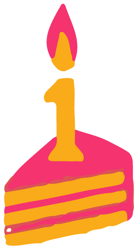 Tonecat's pink cake with yellow layers and a lit pink candle on top, celebrating a first birthday.