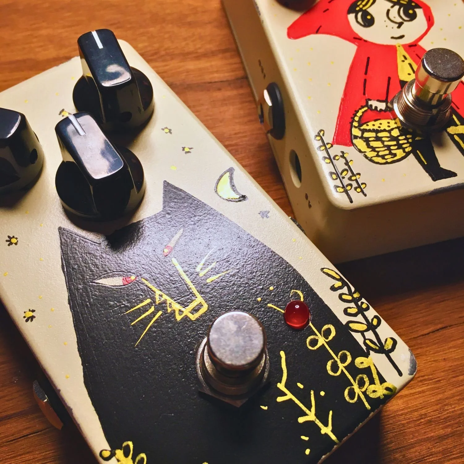 Pair of custom Tonecat fuzz pedals, Little Red and Big Bad Fuzz, hand-finished Série Atelier boutique guitar effects pedals