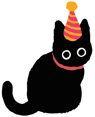 Tonecat wearing a pink and yellow striped party hat.