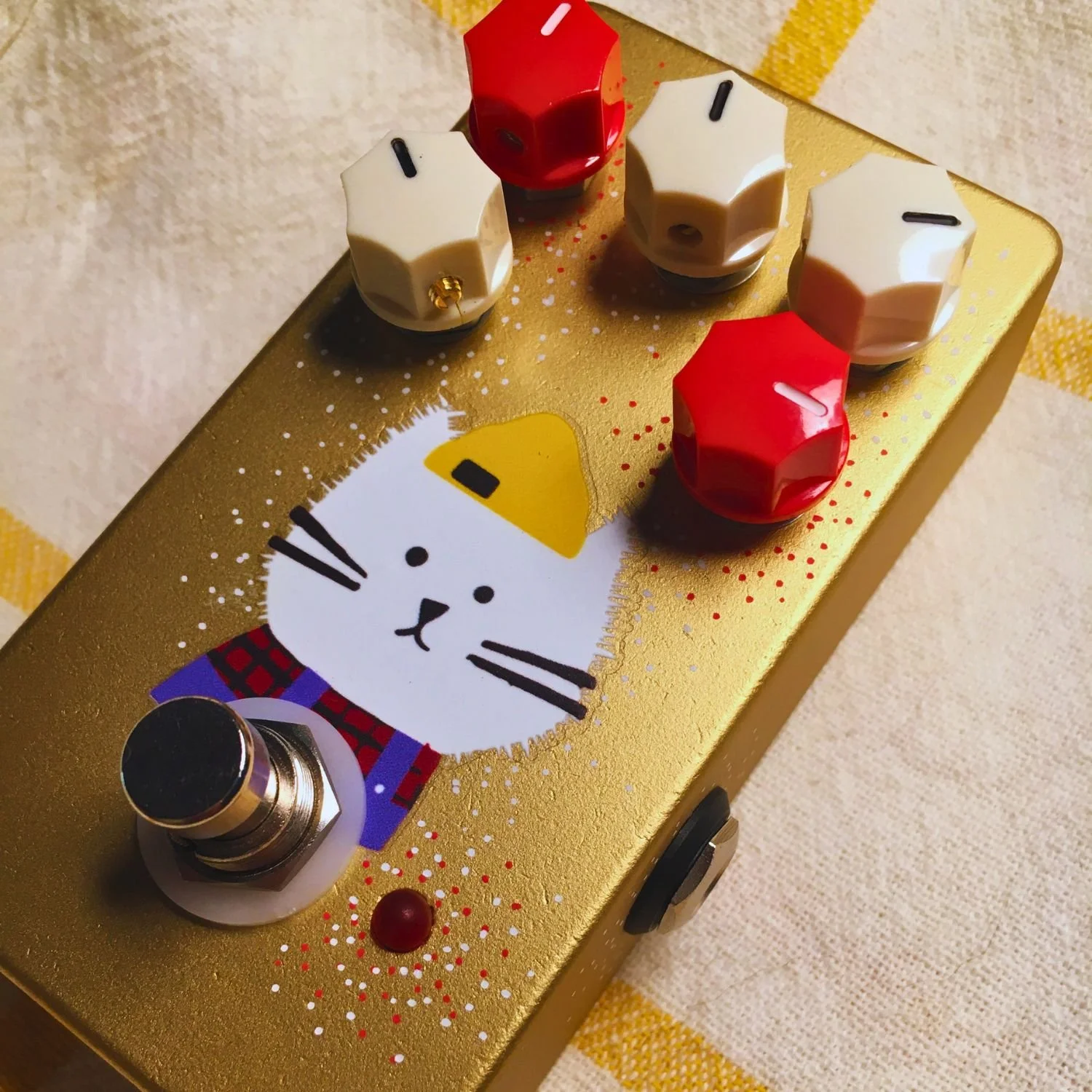Tonecat golden Ziggy Fuzz boutique fuzz pedal with custom artwork enclosure, one-of-one hand-finished guitar effects pedal
