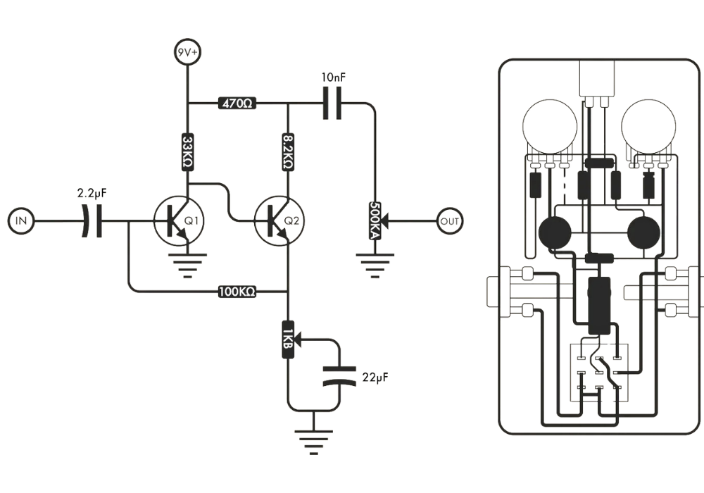 Two-transistor fuzz pedal schematic diagram for classic fuzz effect circuitry