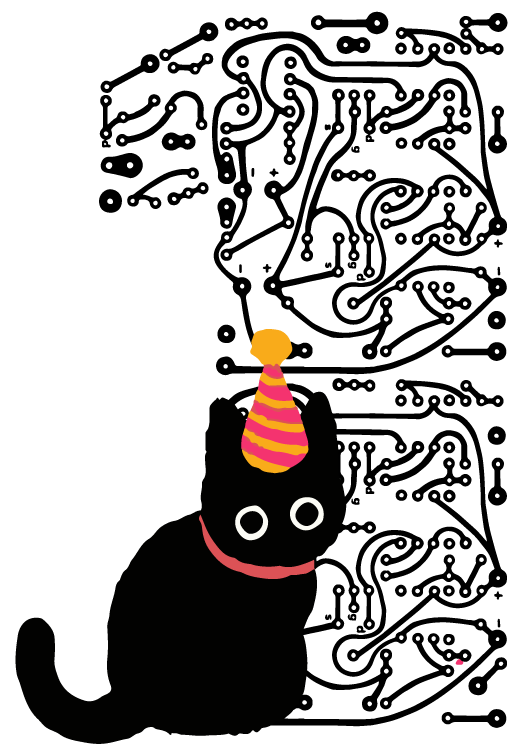 Tonecat black cat wearing a pink and orange striped party hat with a yellow pom-pom on top.