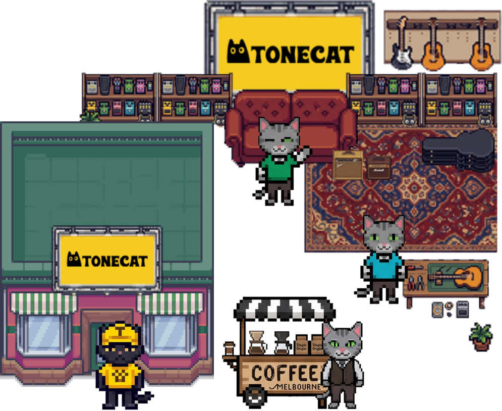 Pixel art scene inside a music shop with guitars, amplifiers, and shelves of merchandise. Three anthropomorphic cats are in the shop, with one on a red sofa, another standing nearby, and the third in front of a coffee cart labeled 'Coffee Melbourne.' A person wearing a yellow jacket and sunglasses is outside, under a large yellow sign that says 'Tonecat.'