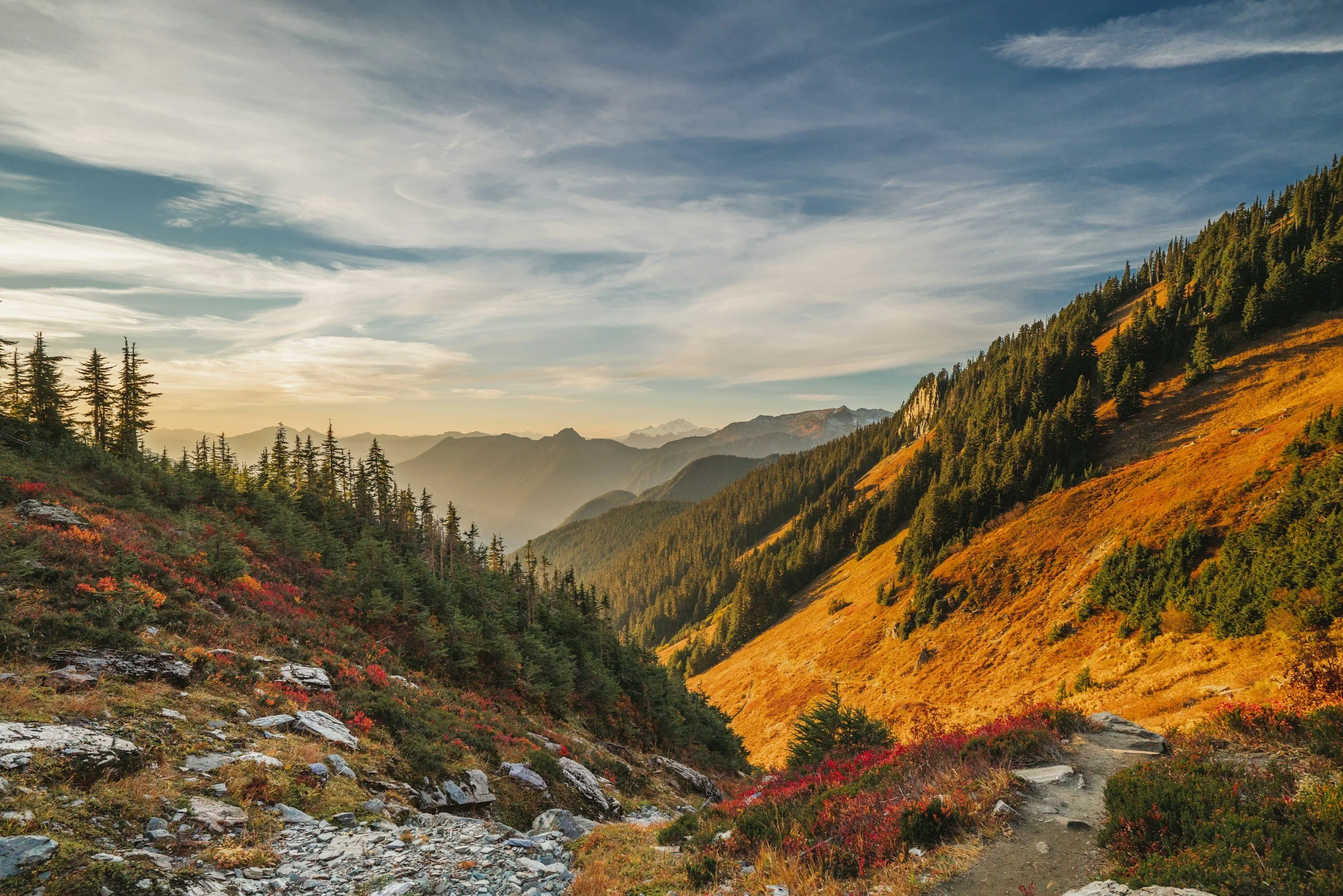Scenic mountain landscape during sunset with a trail, green trees, colorful foliage, and distant mountain peaks under a partly cloudy sky.